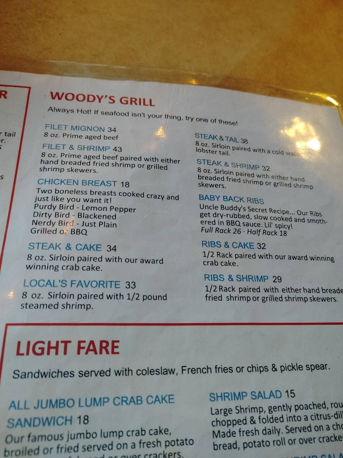 Menu at Woody's Crab House restaurant, North East