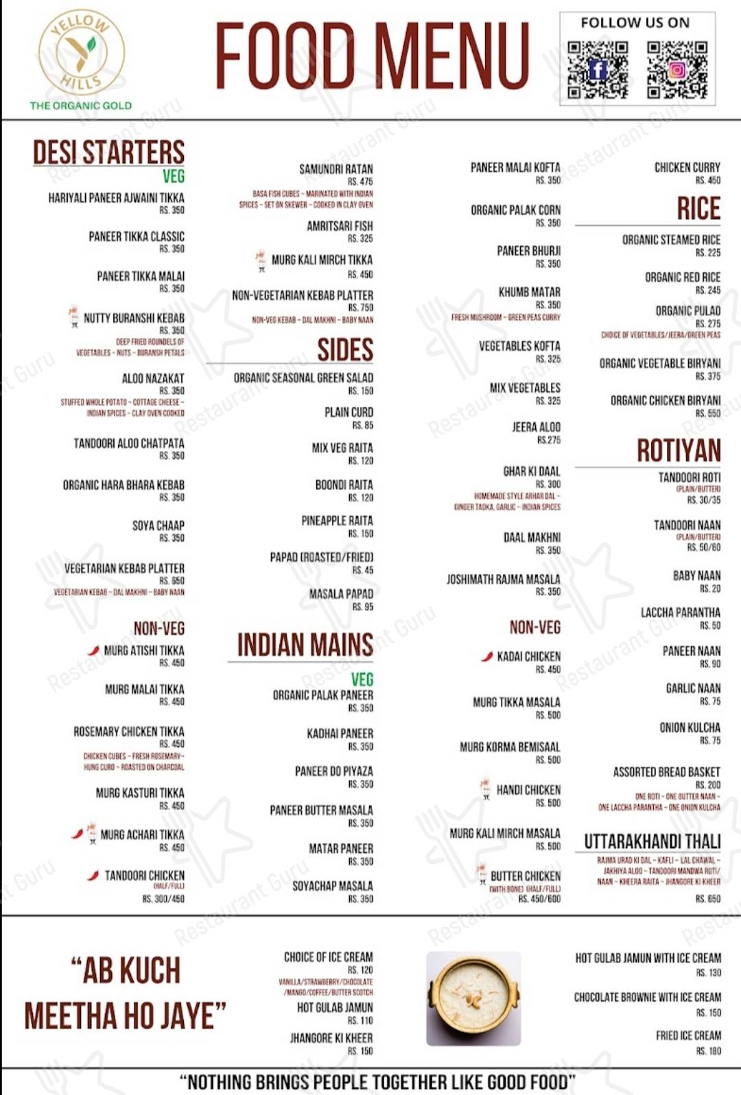 Yellow Hills cafe And Restaurant menu