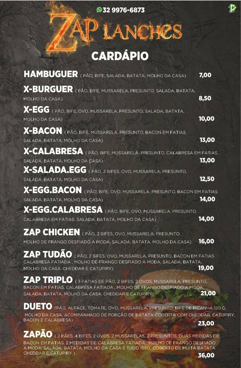 ZAP Lanches cardápio