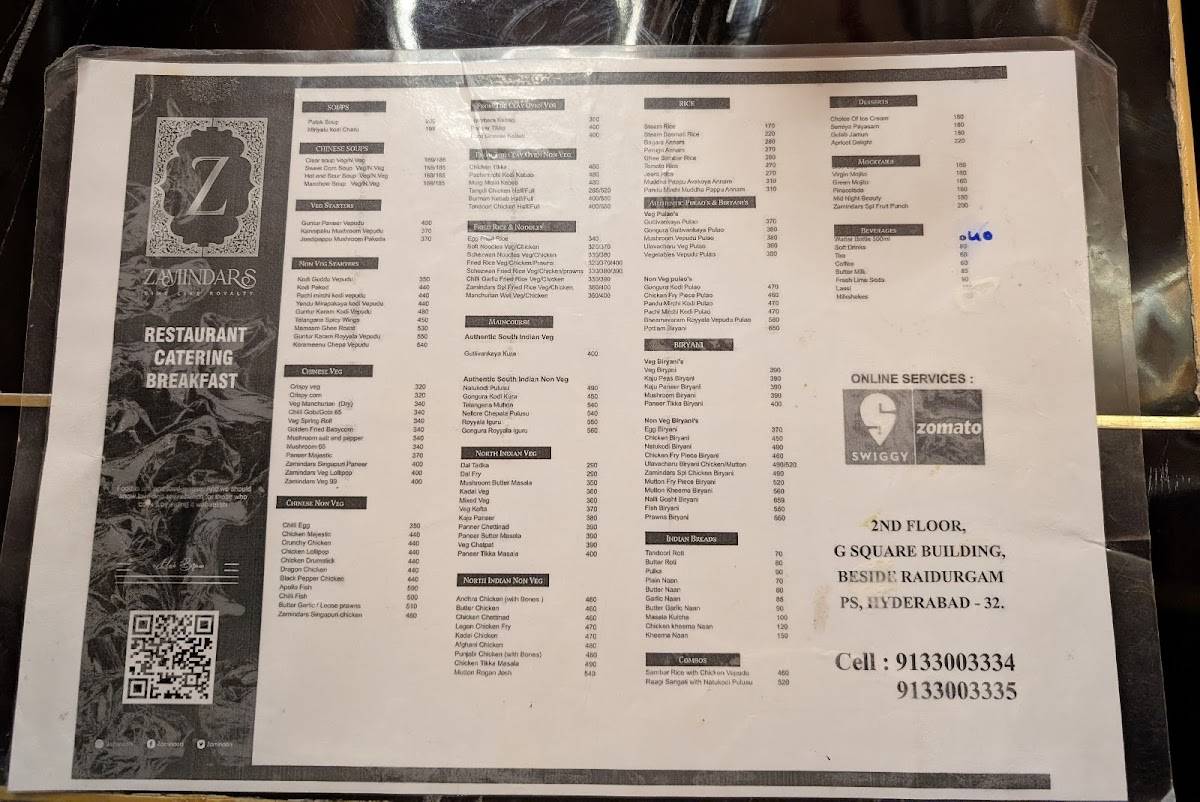 Zamindars Restaurant menu