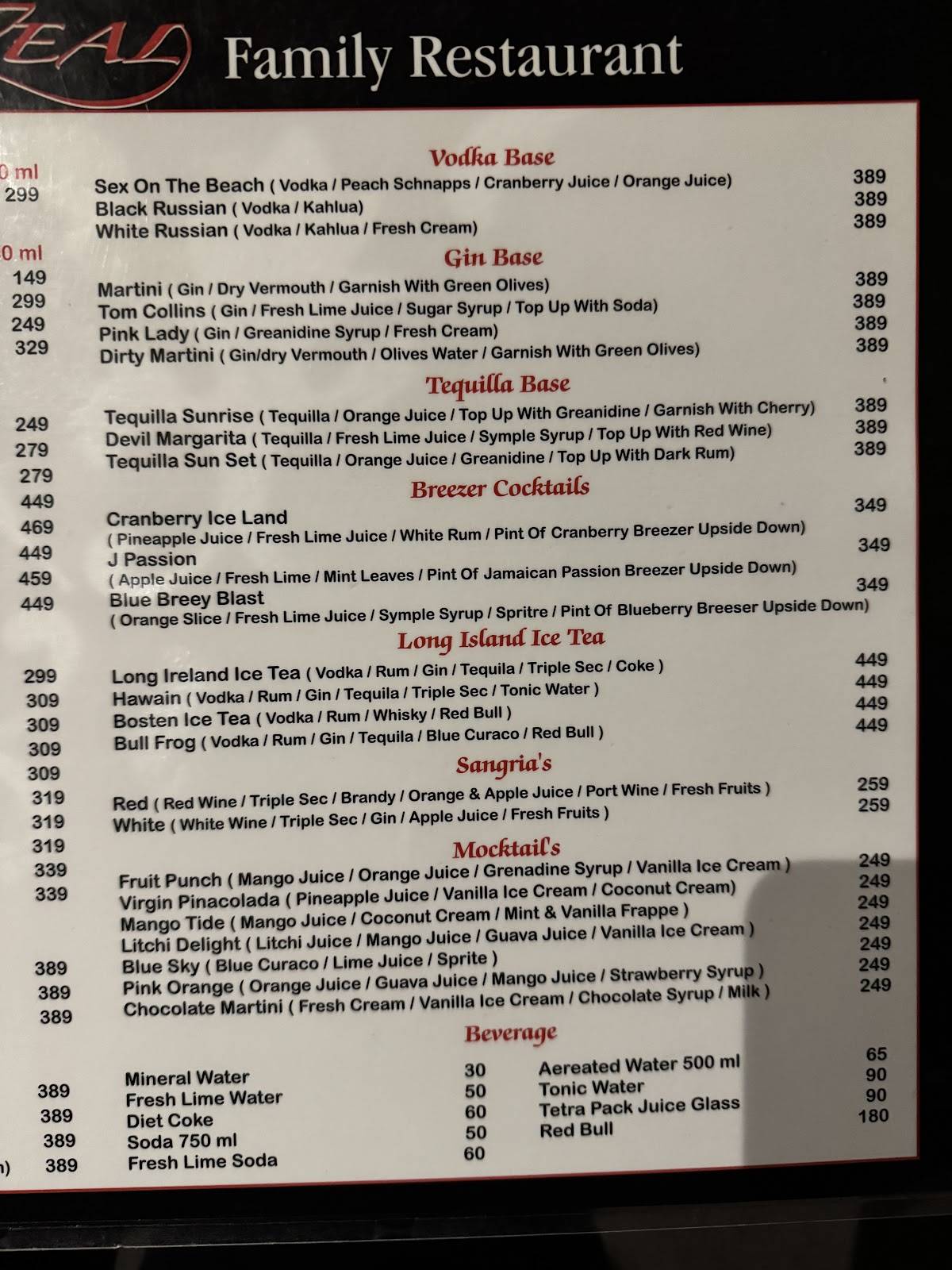 Zeal Family restaurant menu