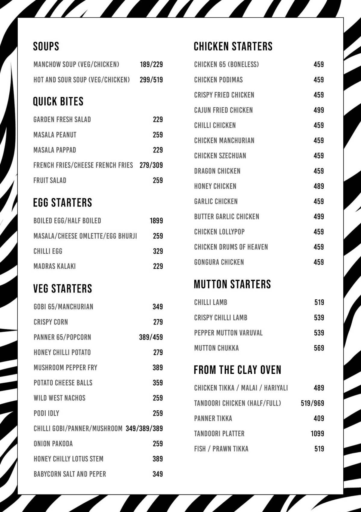 Zebra Crossing Lounge menu