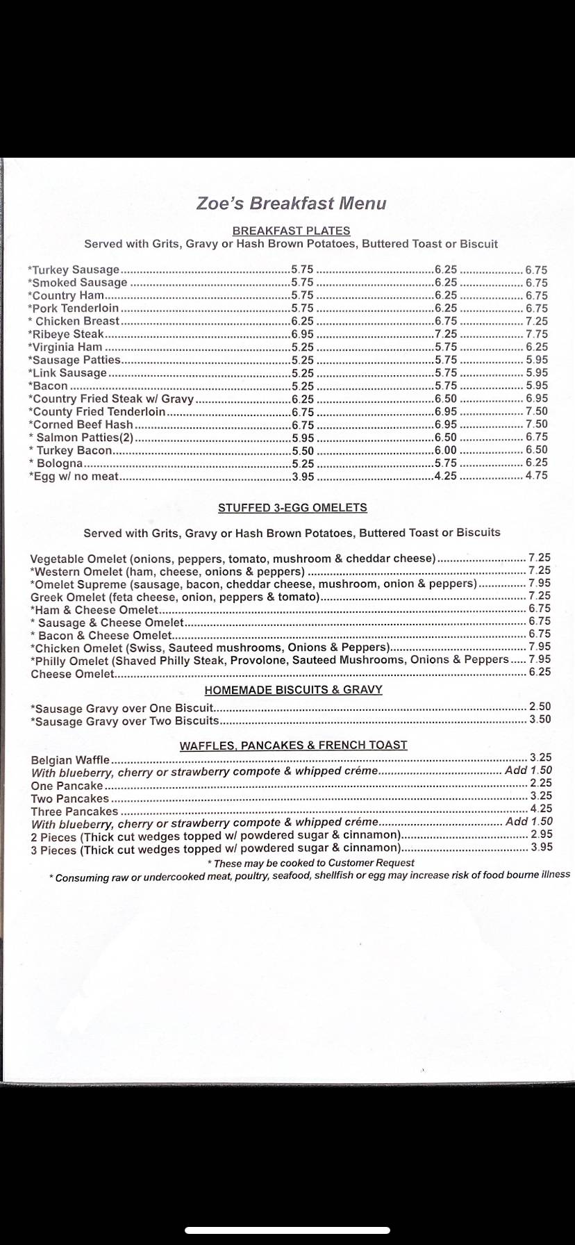 Menu at Zoe's Family Restaurant- Trenwest, Winston-Salem