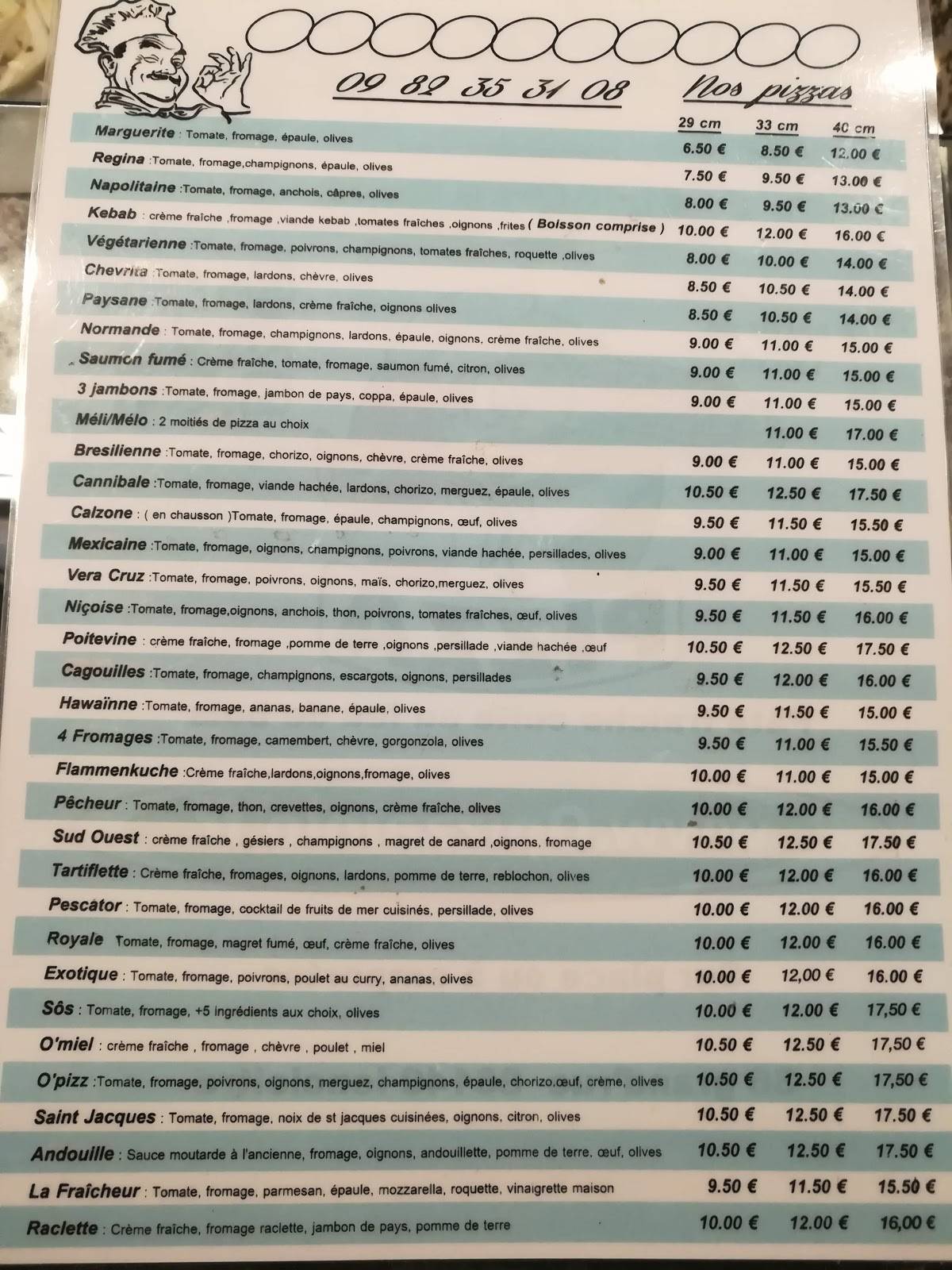 Menu de pizzeria 36 O'pizz lencloitre