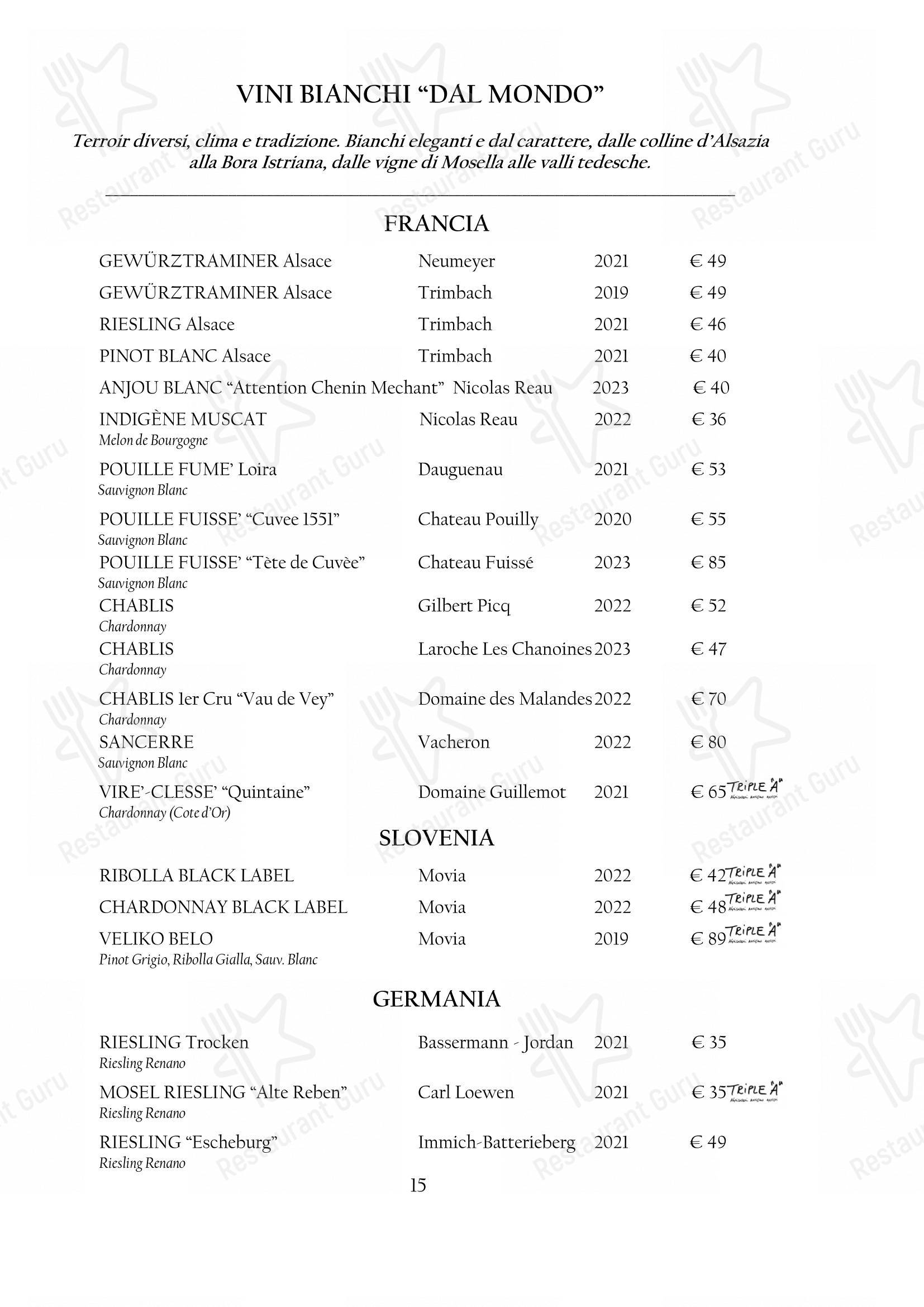 Menu pour Arcadia dans Turin