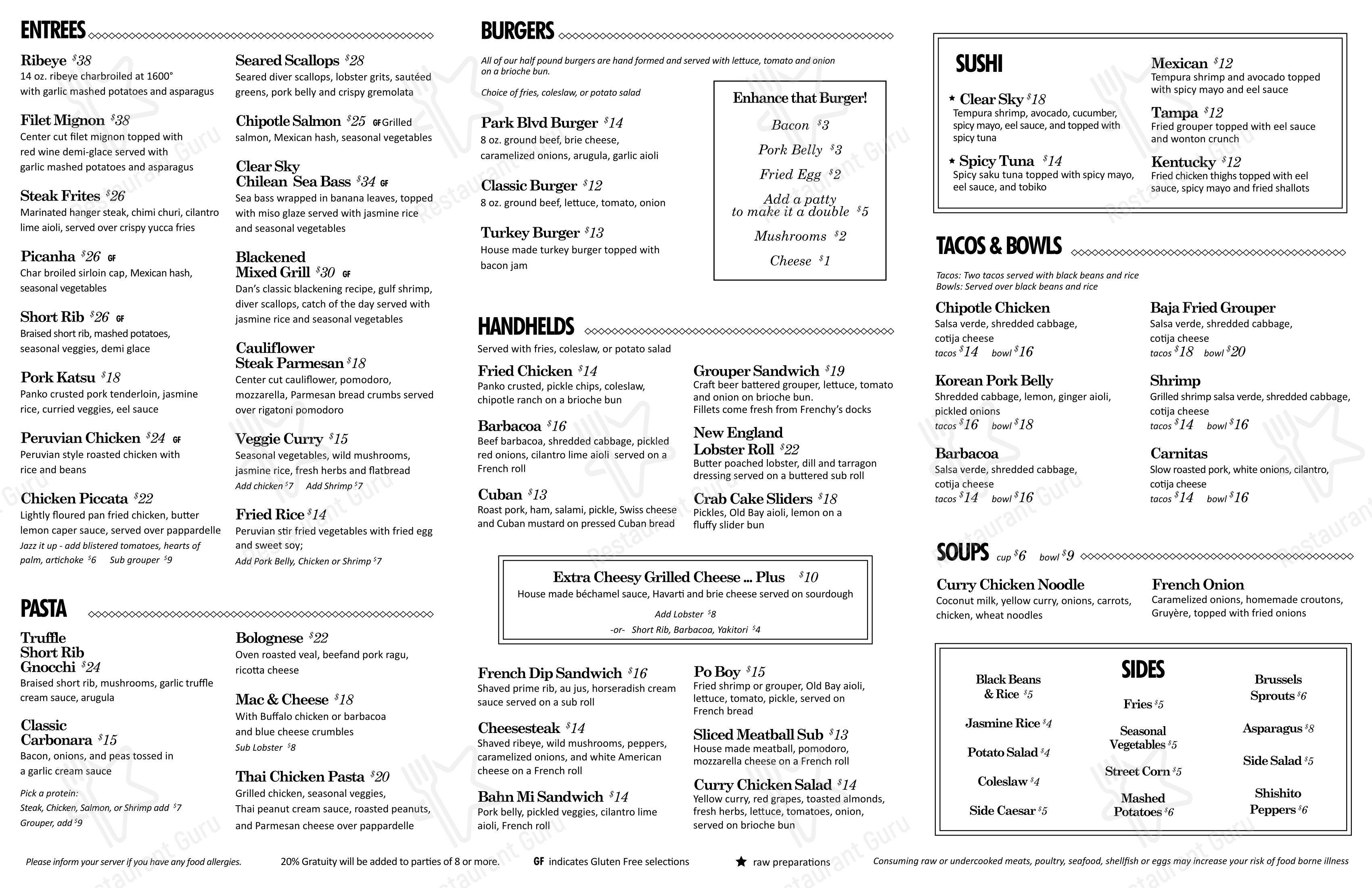 Menu at Clear Sky on Park pub & bar, Seminole