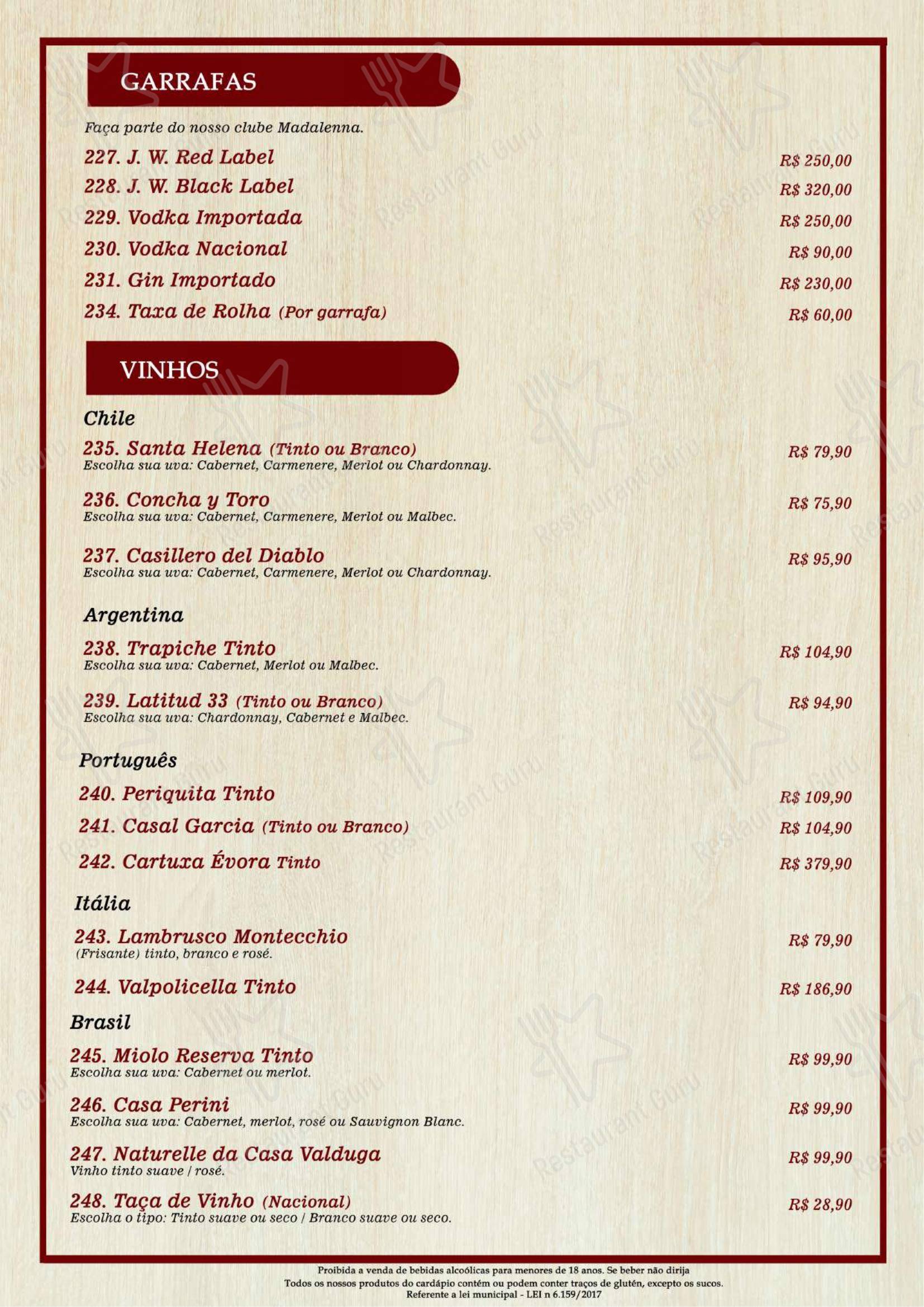 Madalenna Recreio – Bar, Restaurante e Pizzaria de Qualidade em Rio de Janeiro - Menu