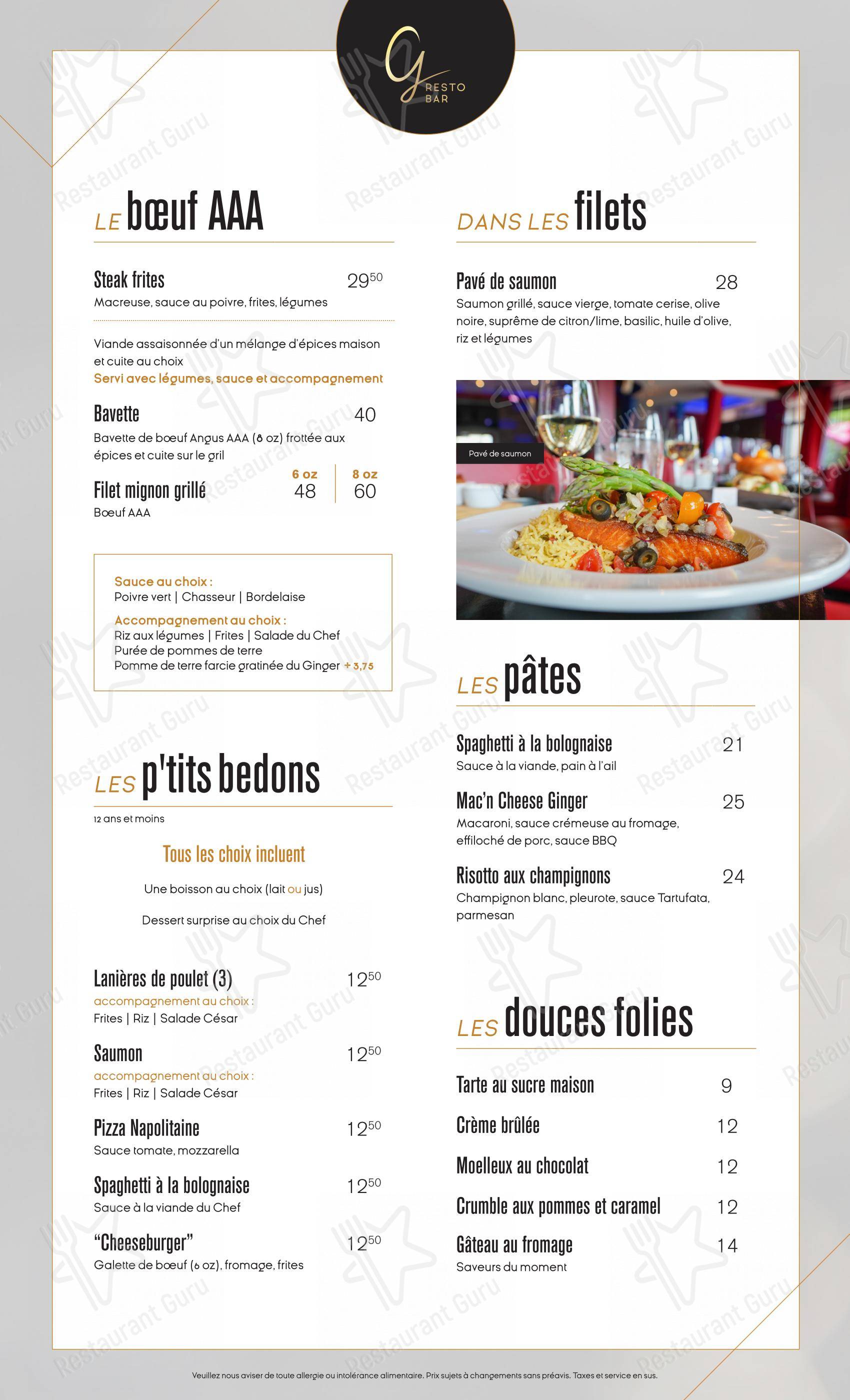 Ginger Resto-Bar dans Québec - Основное меню