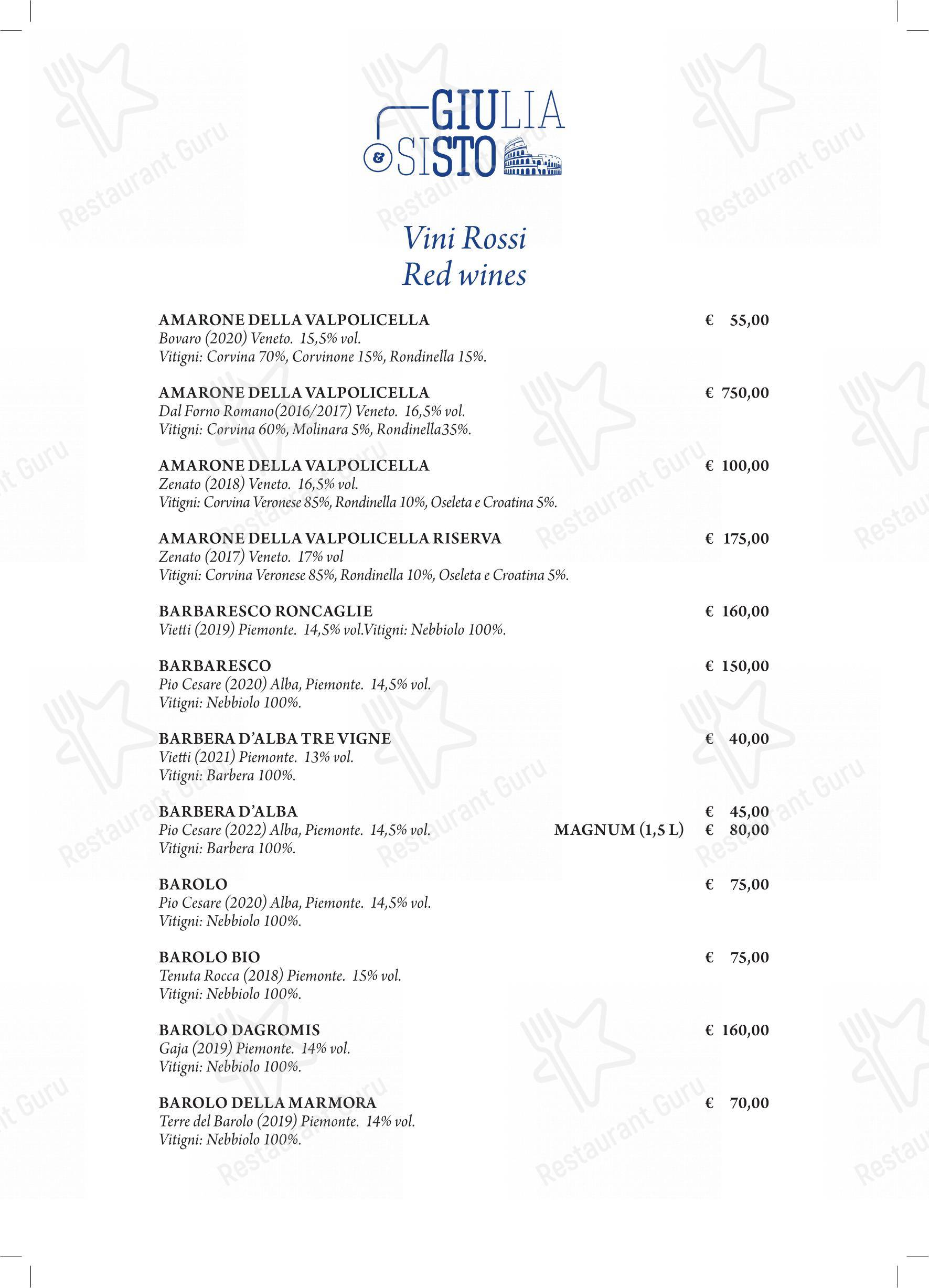 Menu bar per Giulia&Sisto Roma Terrazza San Clemente ristorante