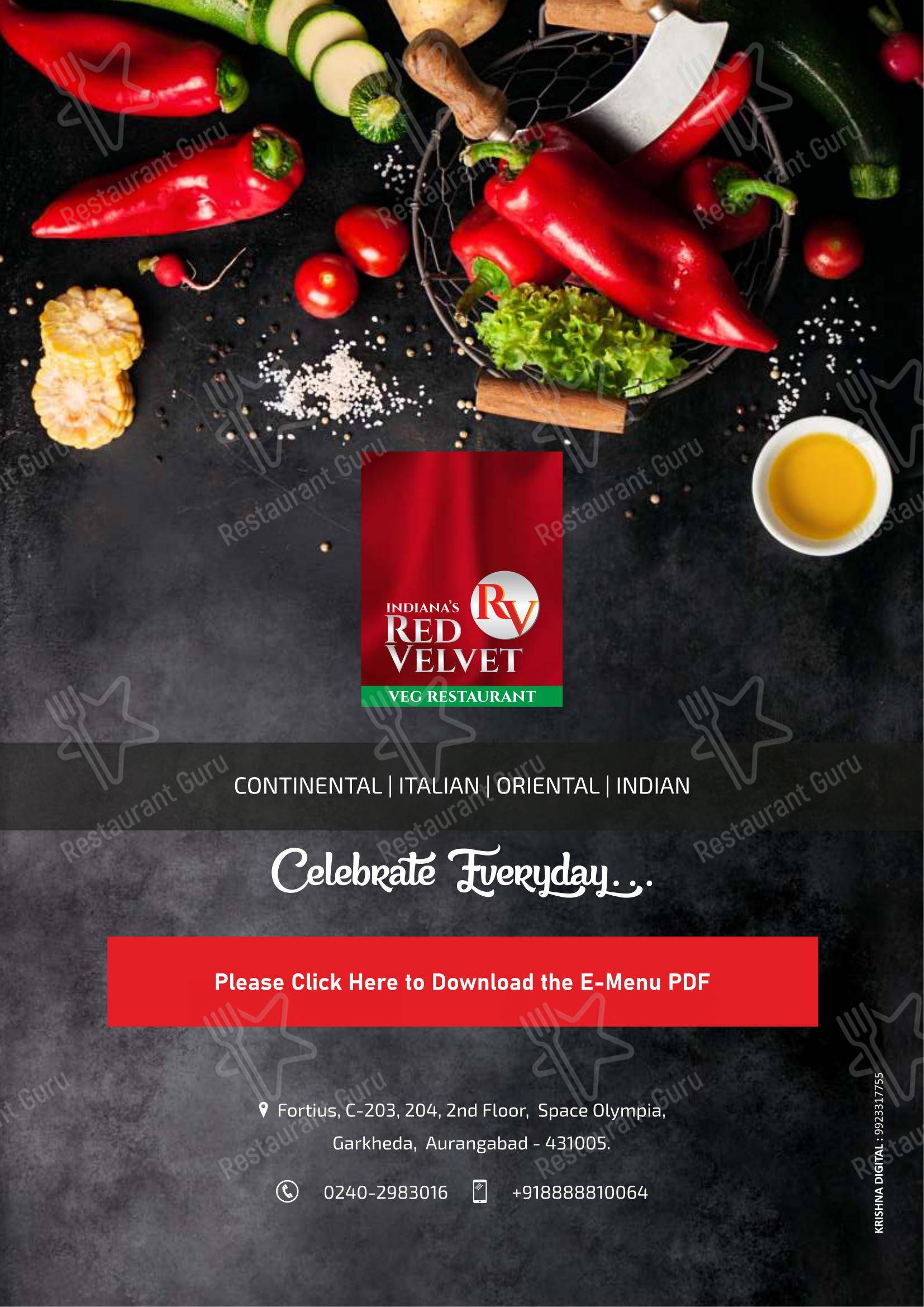 Основное меню for Indiana's Red Velvet Veg Restaurant in Aurangabad