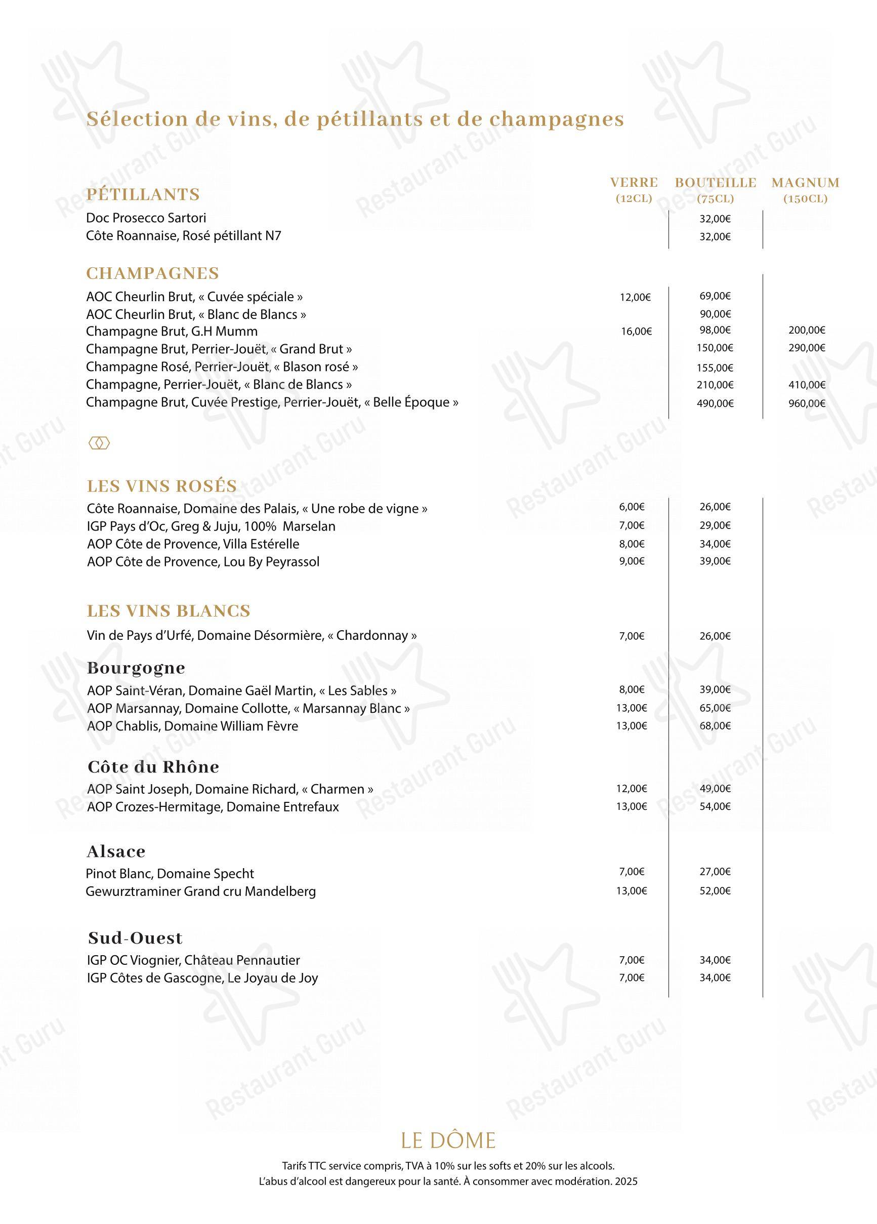 Menu pour Le Dôme dans Roanne