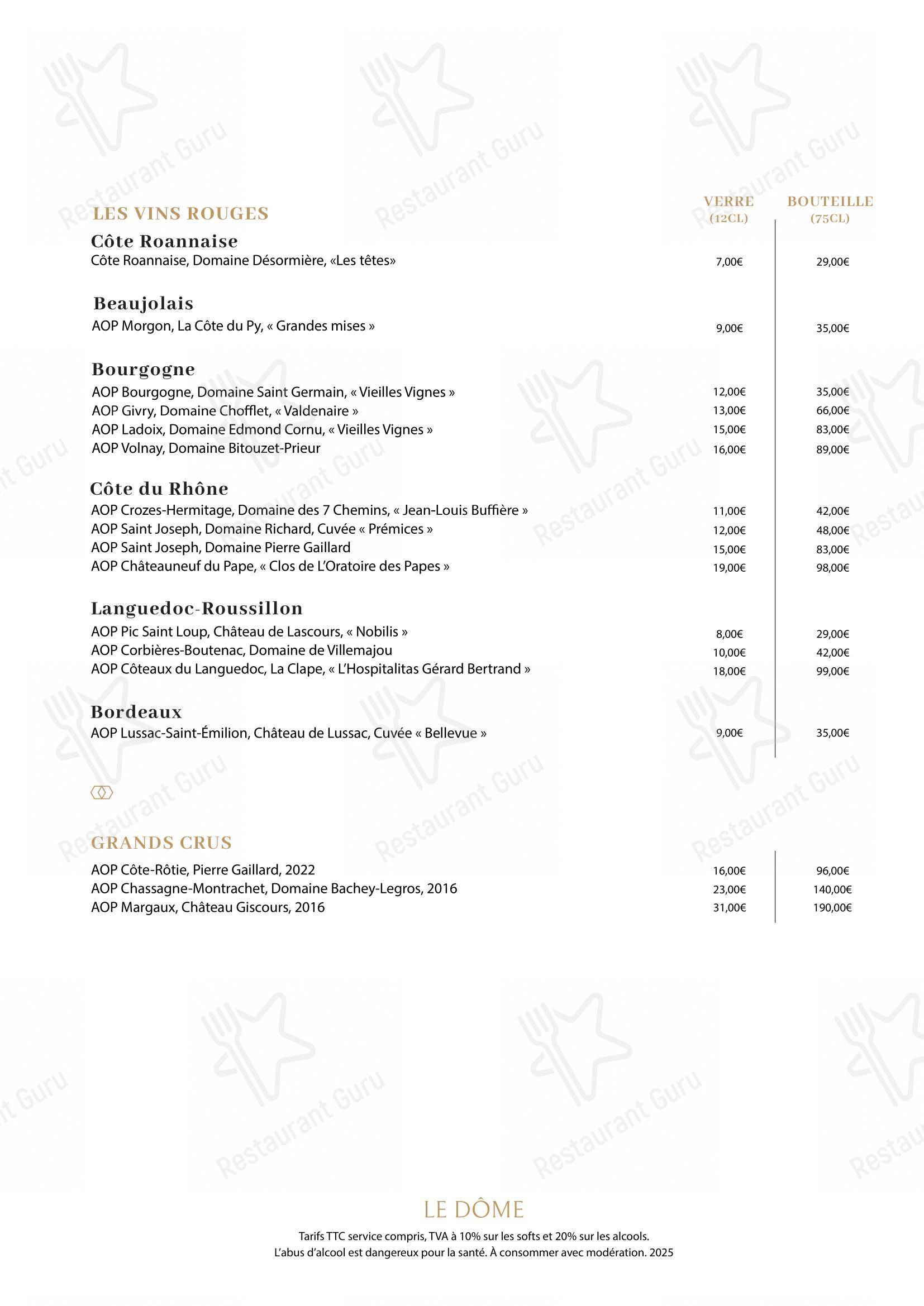 Menu bar pour Le Dôme dans Roanne
