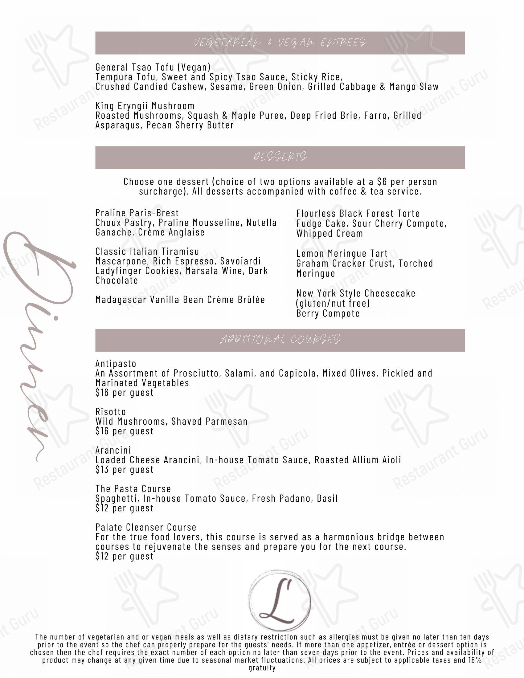Menu pour Lago pub et bar