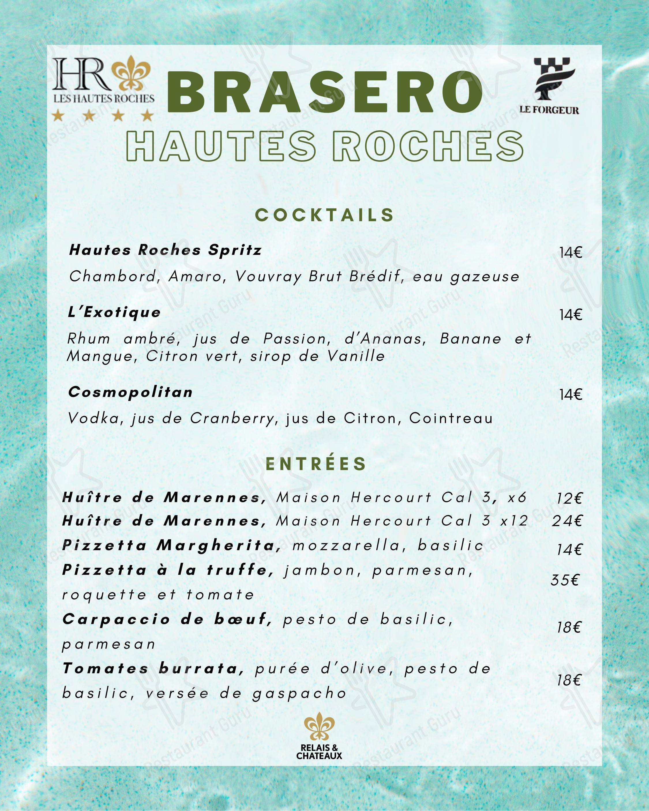 Menu pour Les Hautes Roches Restaurant Bistronomique dans Rochecorbon