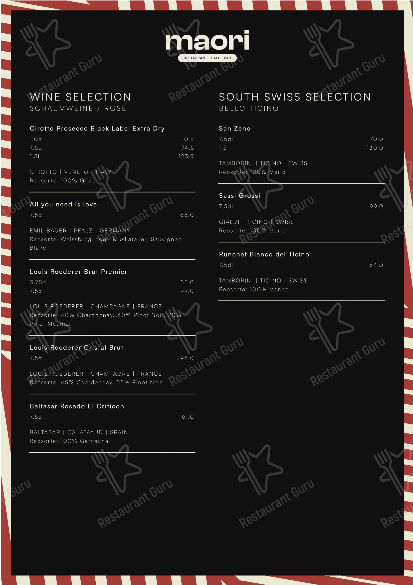 Menu per MAORI pub & bar