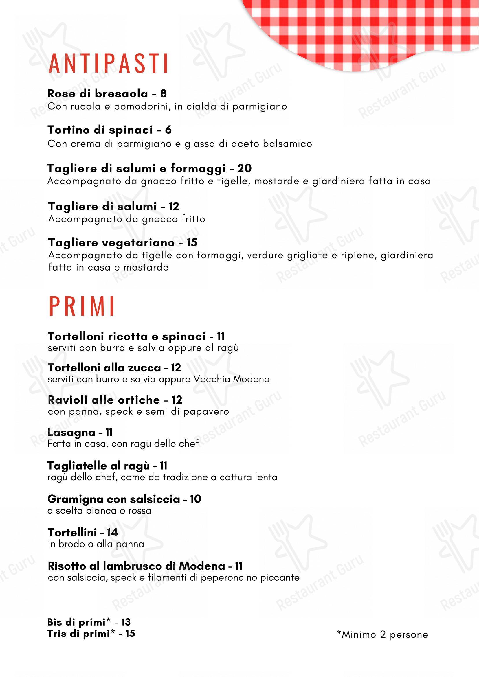 Menu di Osteria Modenese in Bocciofila - Menu