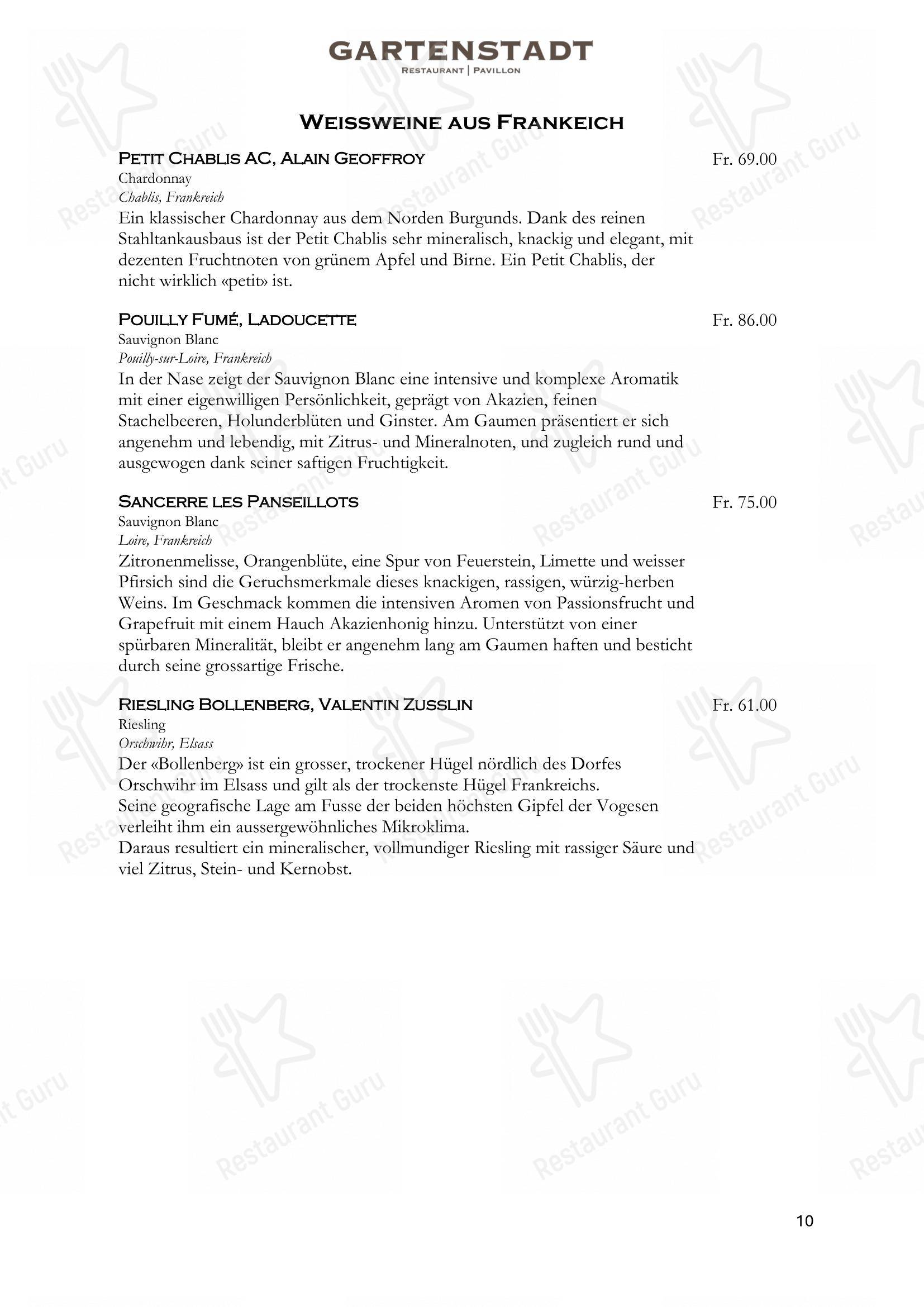 Restaurant Gartenstadt mit Pavillon in Münchenstein - Menu bar