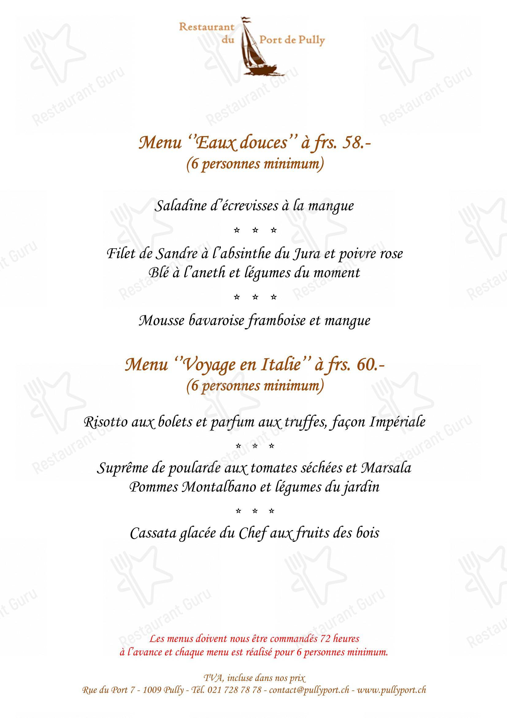 Takeaway Menu per Restaurant du Port de Pully ristorante