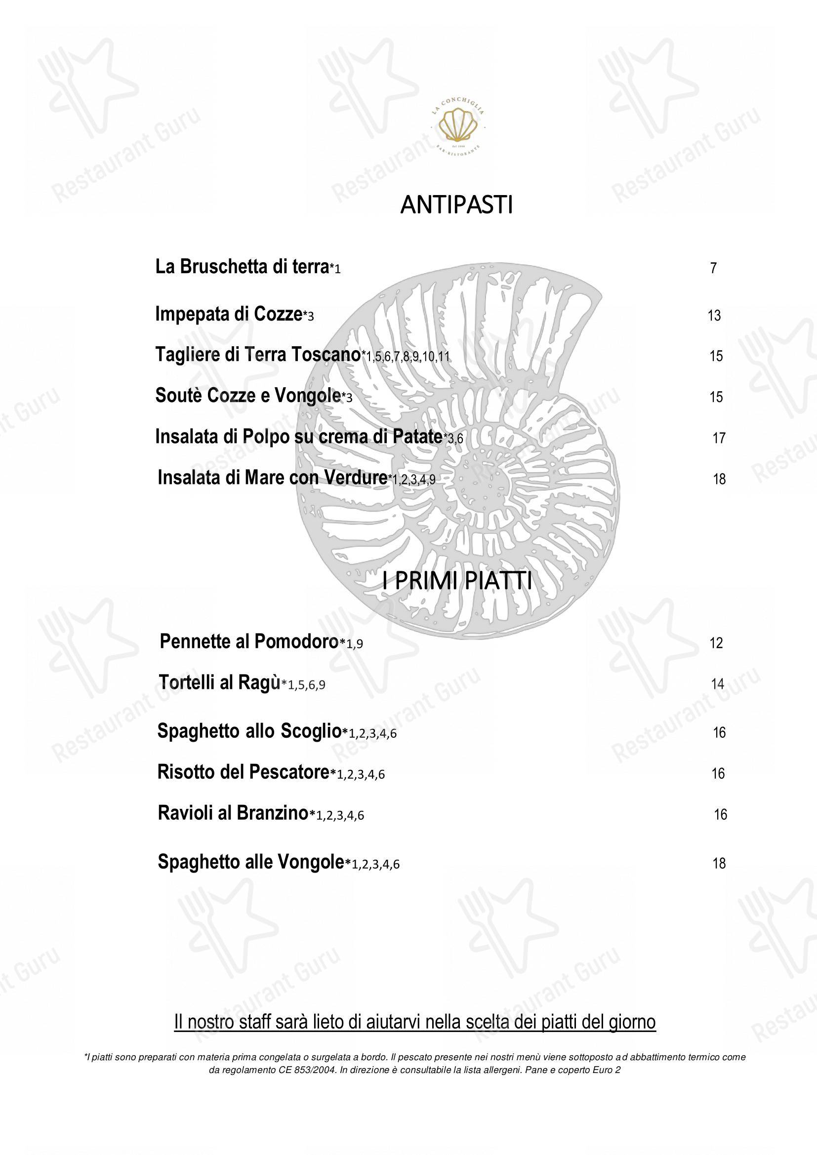 Menu bar per Ristorante La Conchiglia ristorante