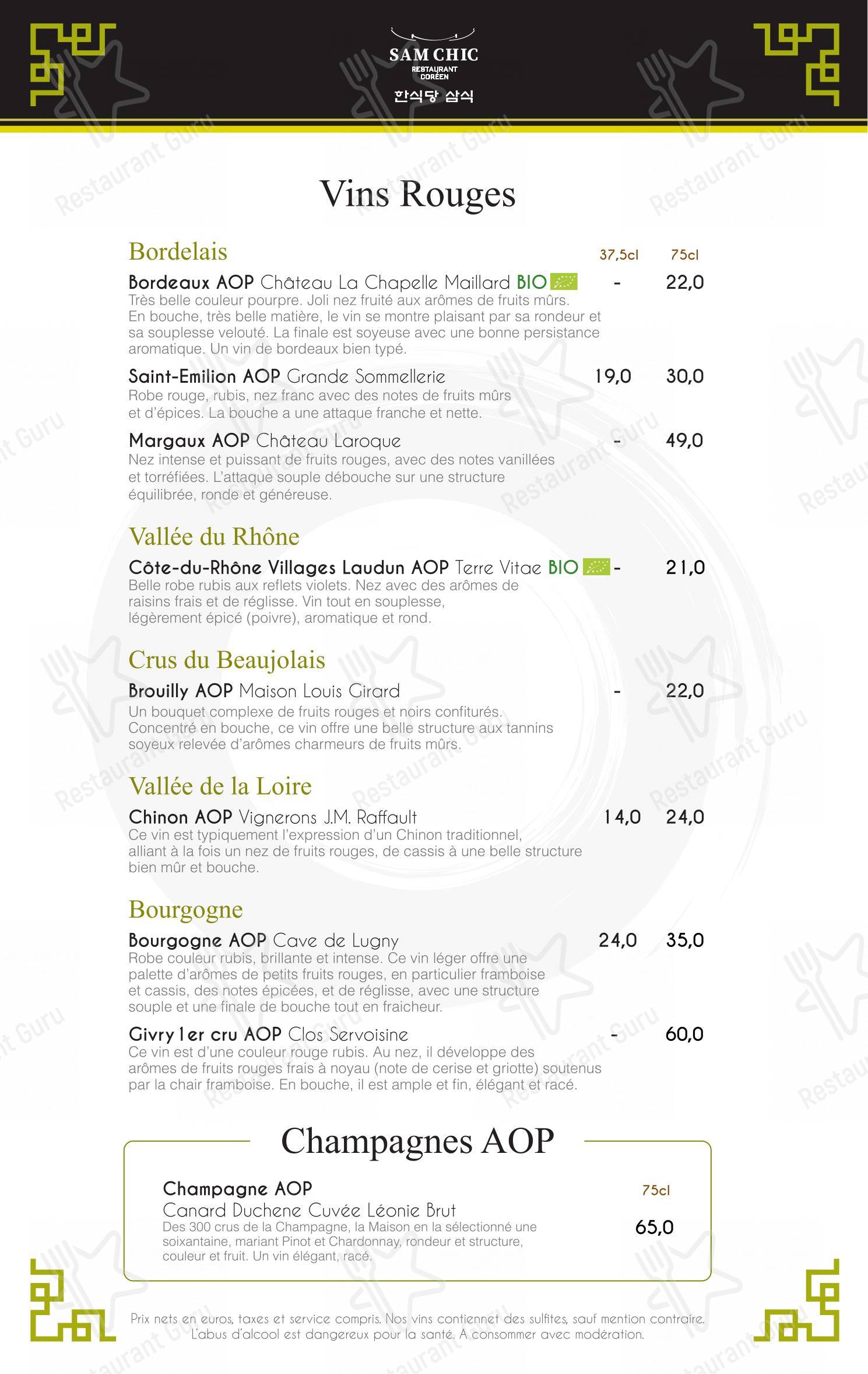 Sam Chic dans Paris - Menu