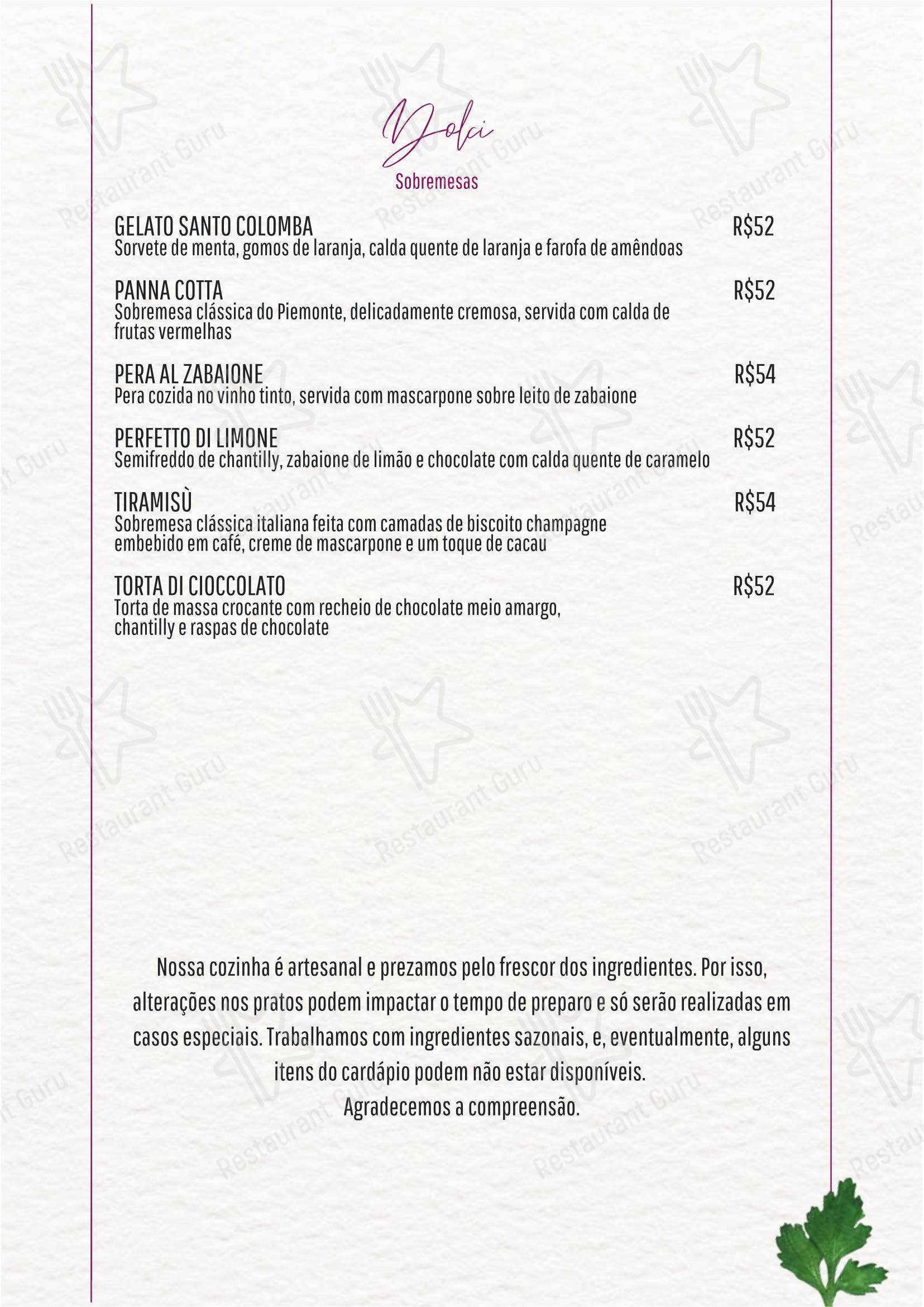 Menu para Santo Colomba restaurante