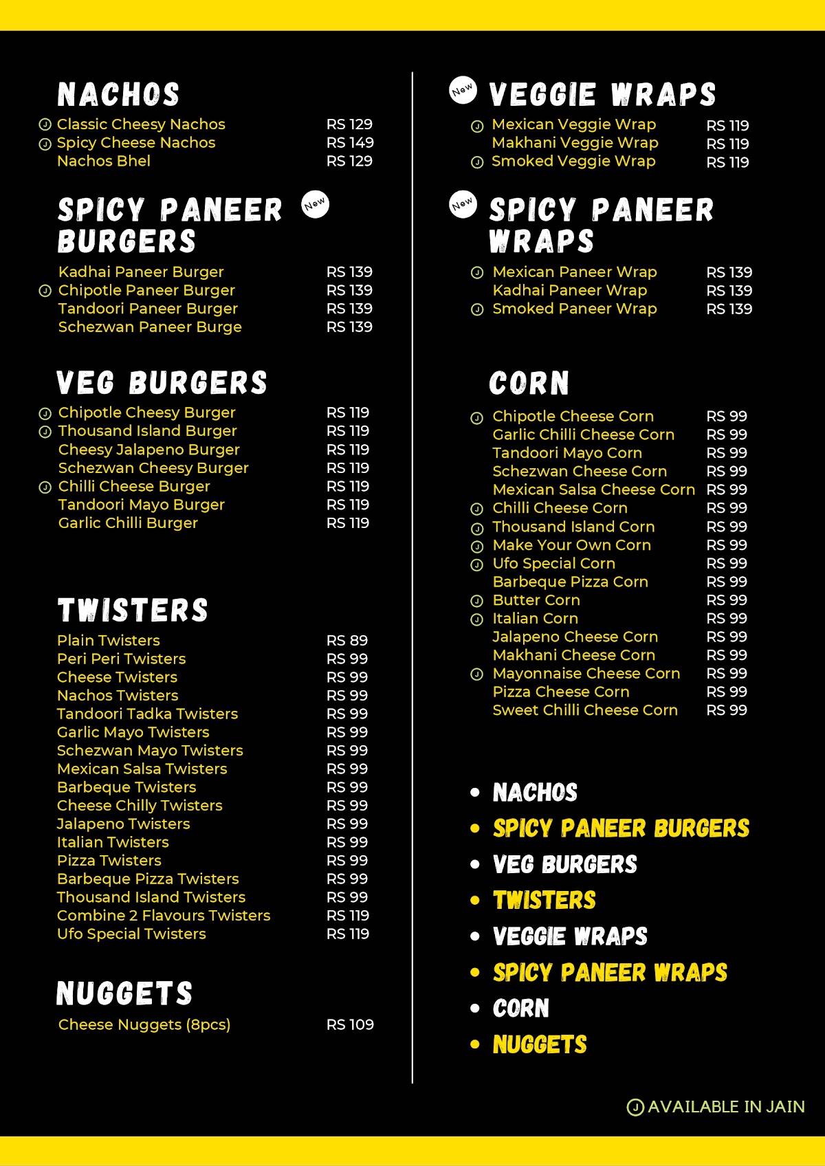 ufo Fries and Corn menu