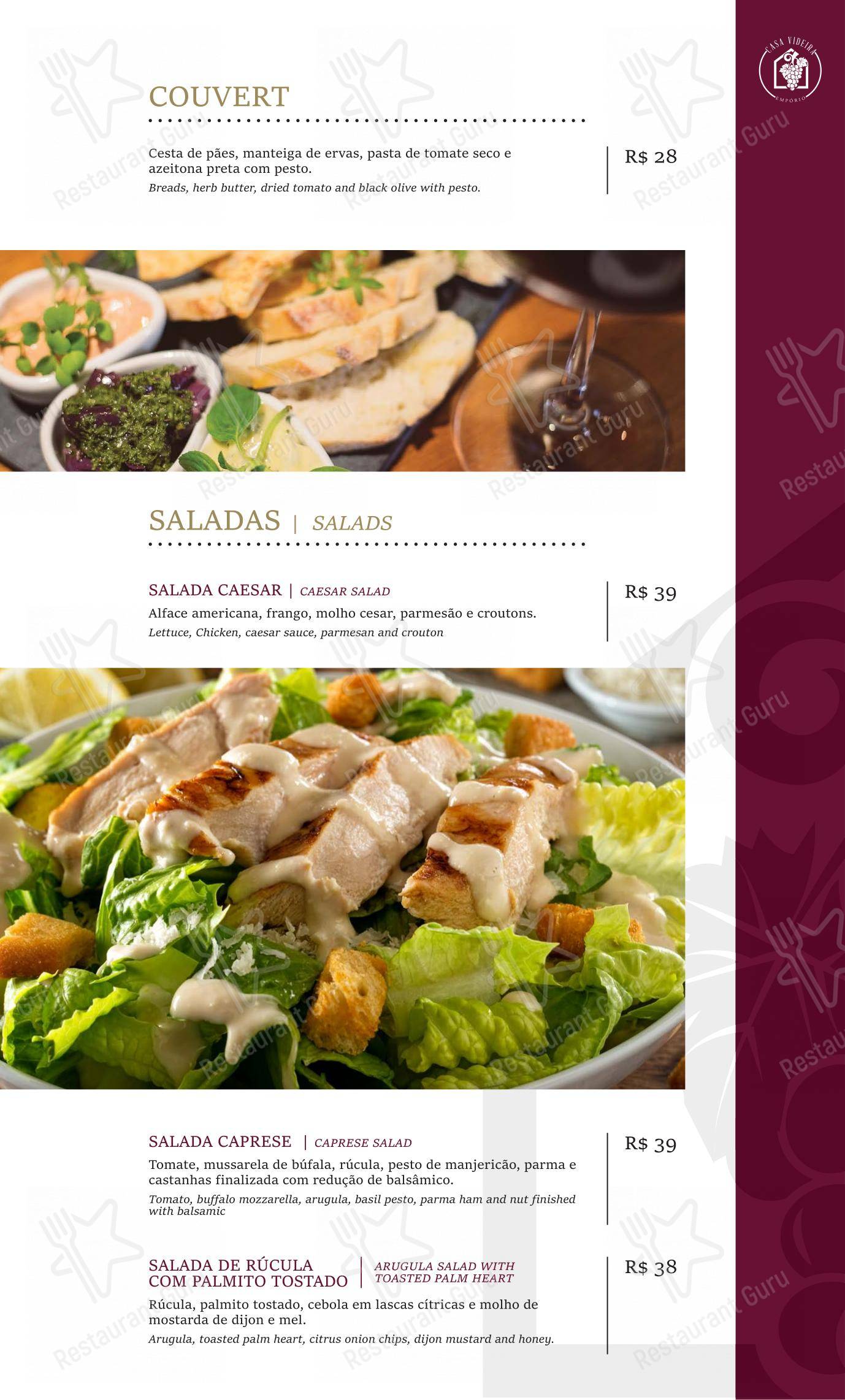 Casa Videira Restaurante e Café em Piracicaba - Menu