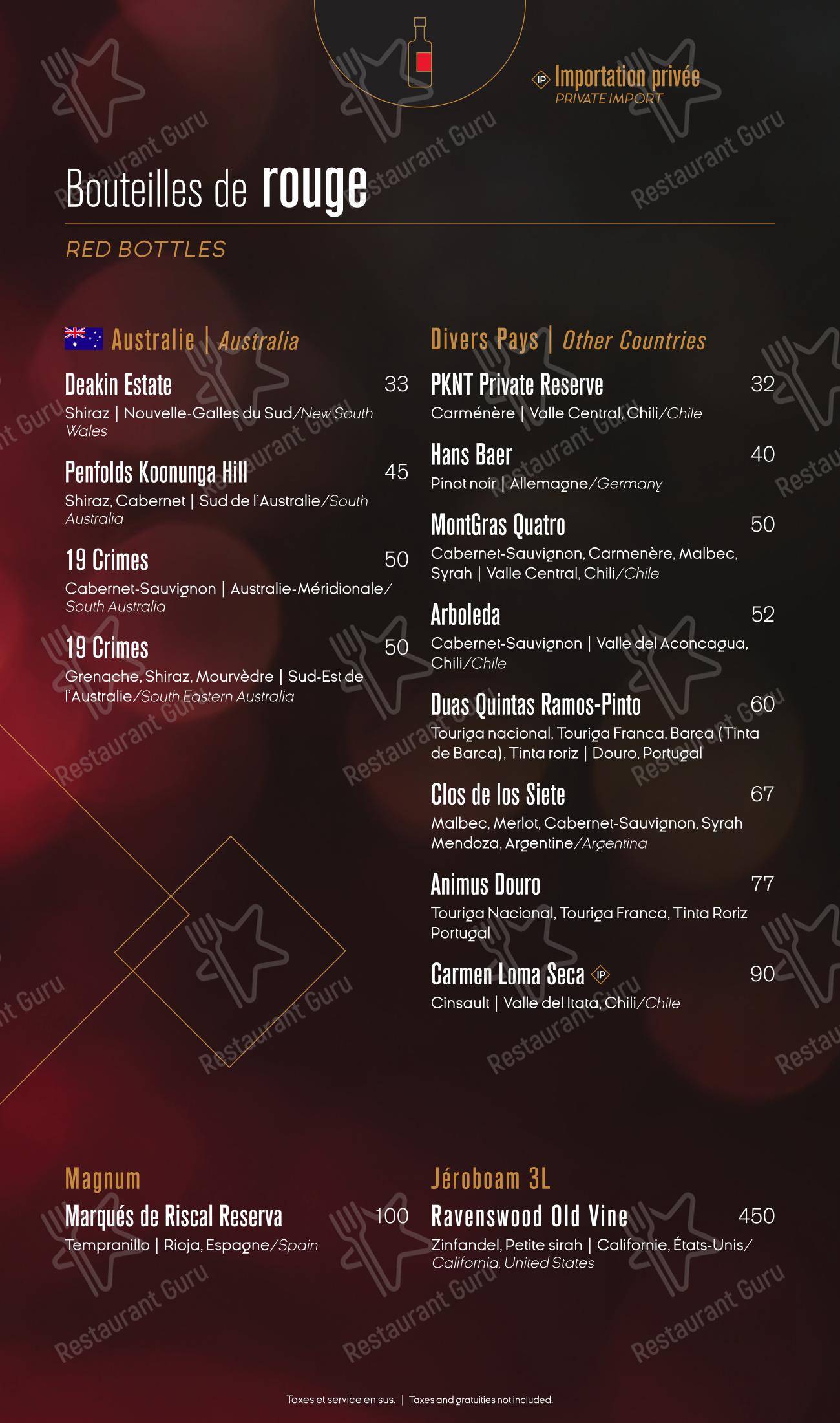 Menu pour Ginger Resto-Bar - Wine Menu