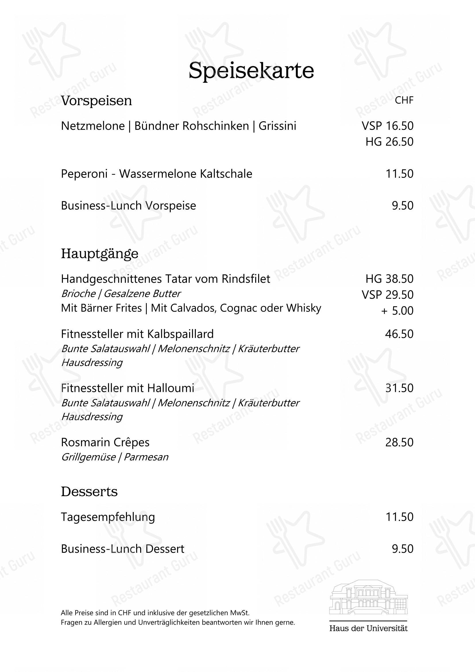 Menu di Haus der Universität Bern - Основное меню