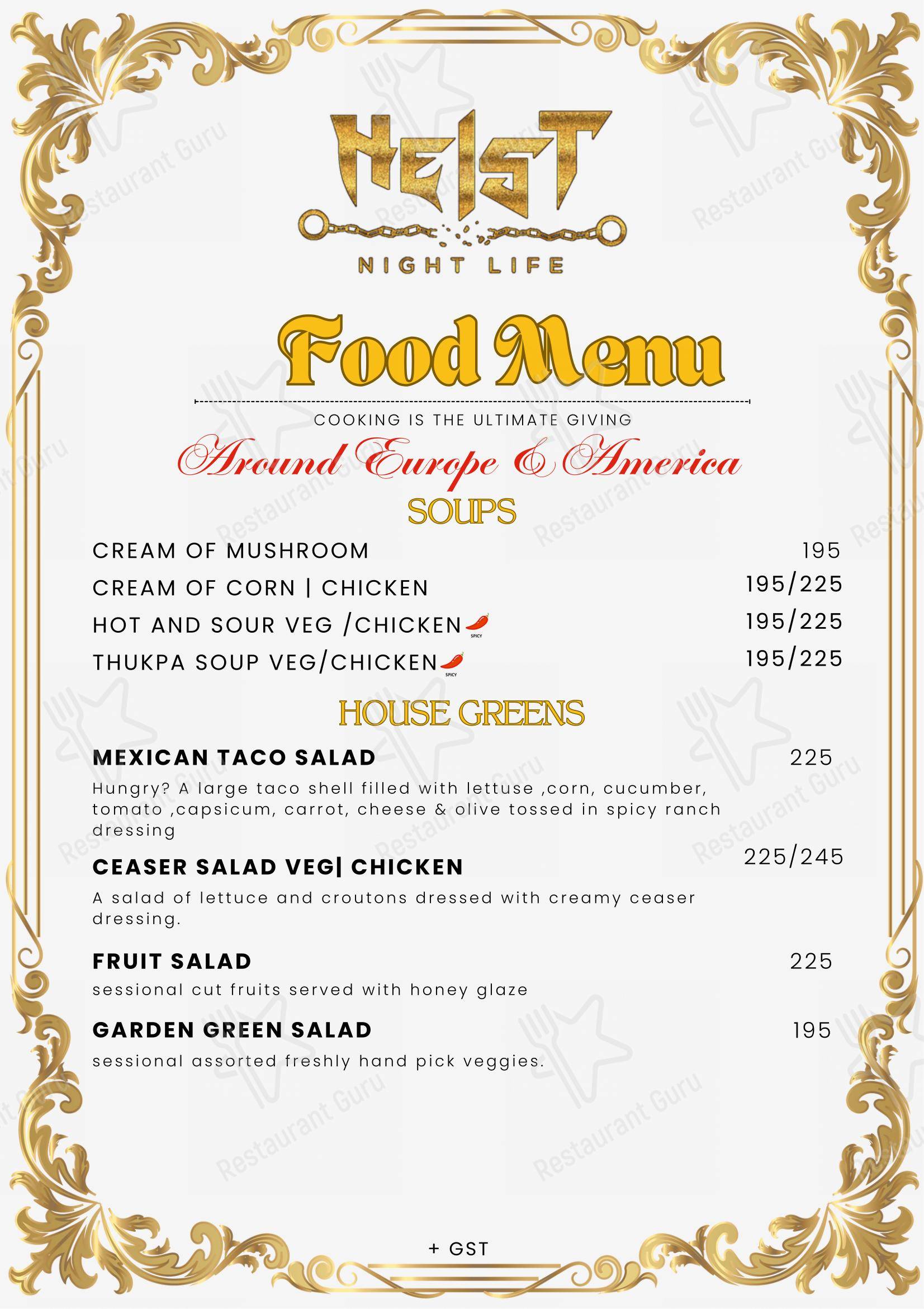 Menu for Heist Nightlife in Puducherry