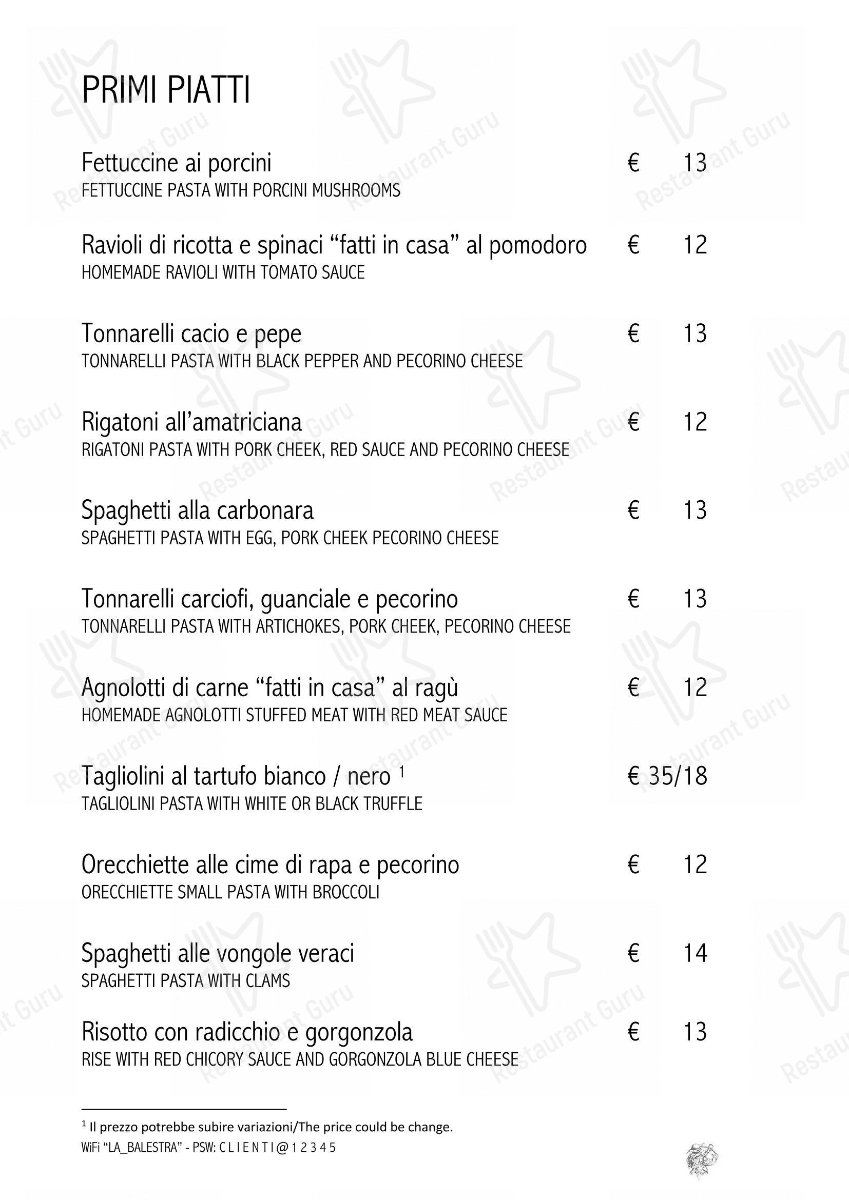 Menu di Ristorante La Balestra - Menu