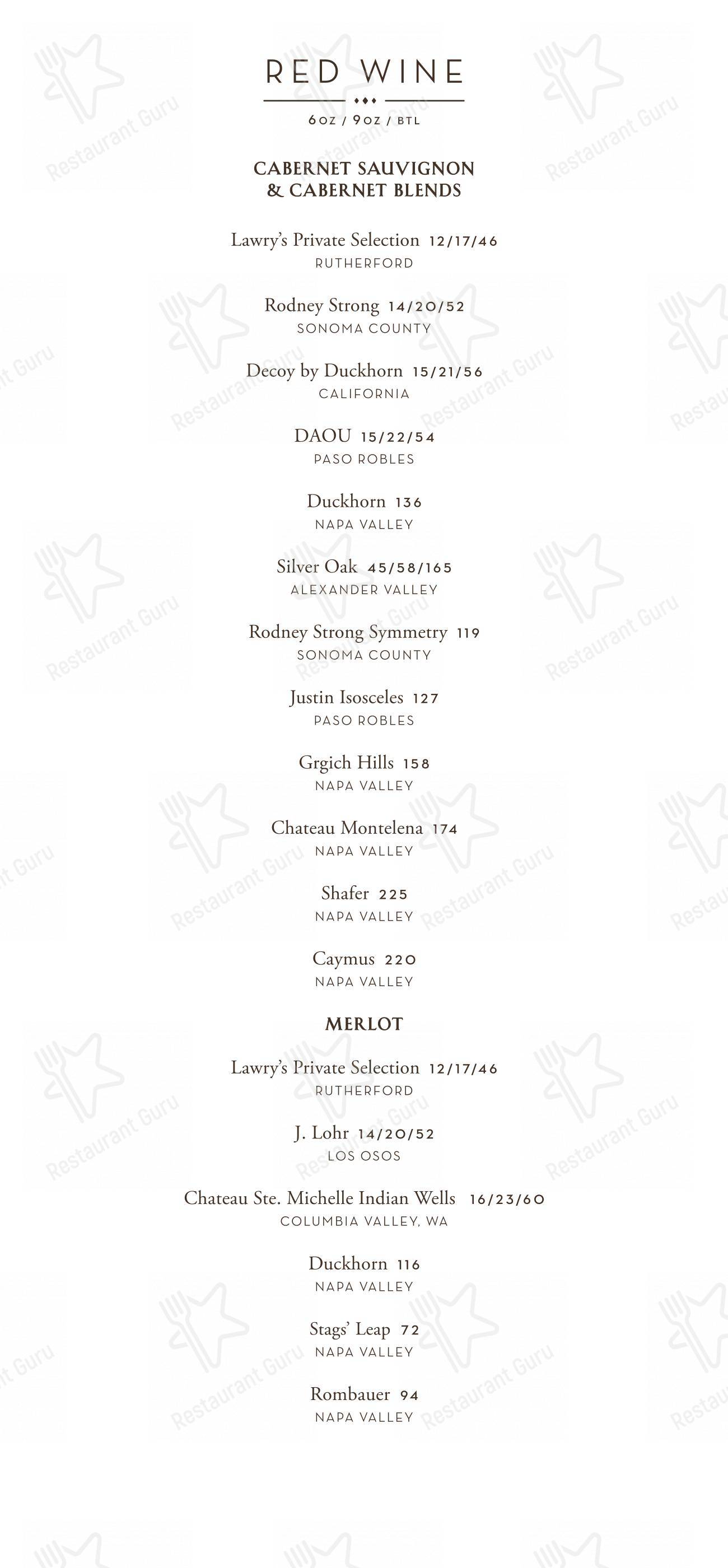 Menu at Lawry's The Prime Rib pub & bar, Beverly Hills