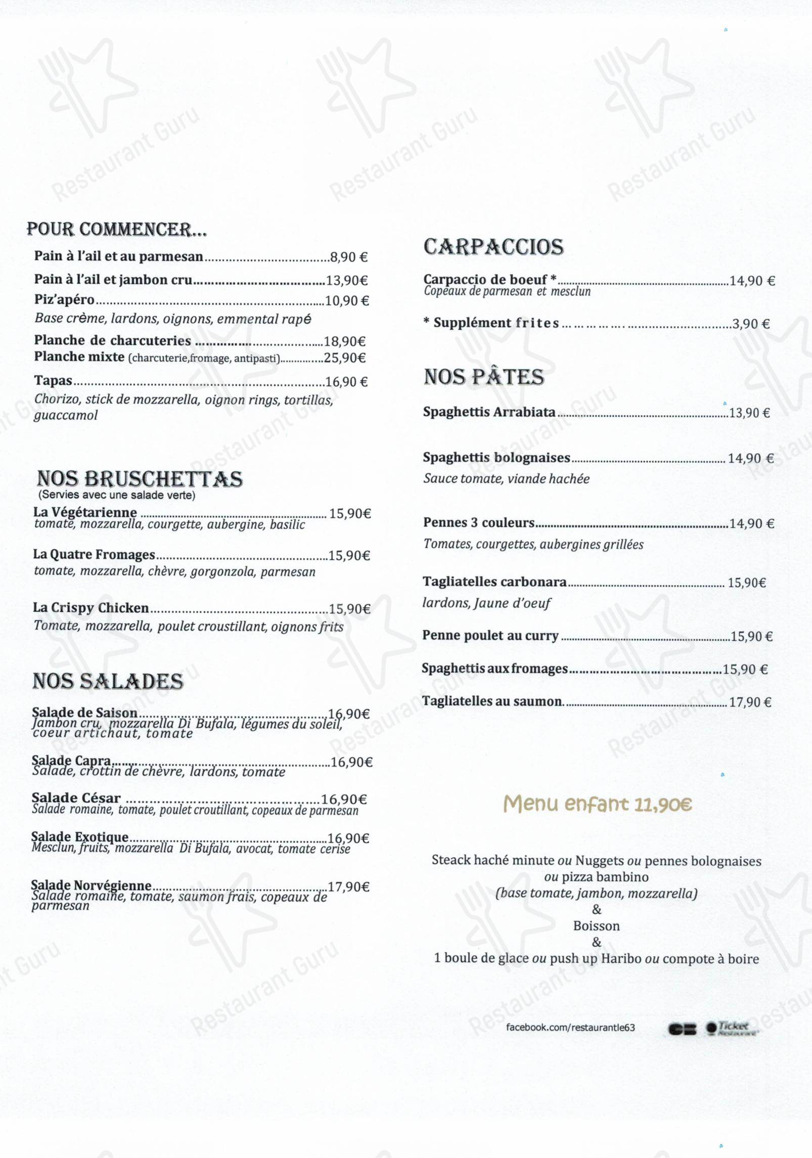 Menu pour Le 63 - Menu