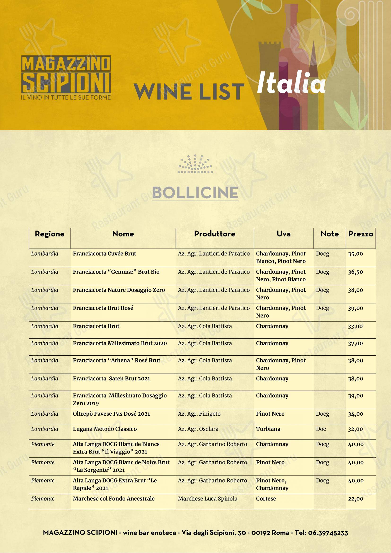 Menu di Magazzino Scipioni - Dinner Menu