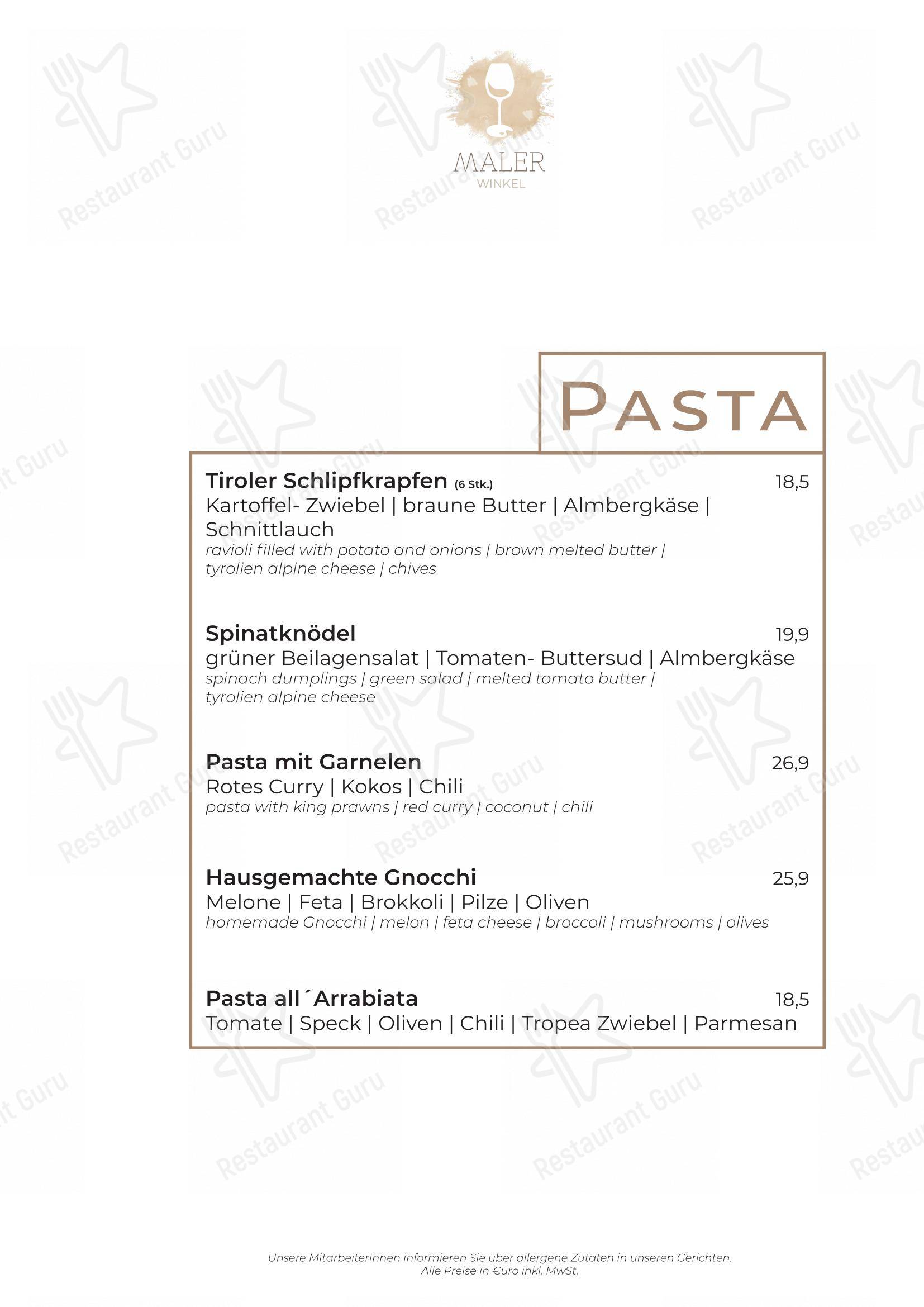 Menu pour Malerwinkel Rattenberg - Menu