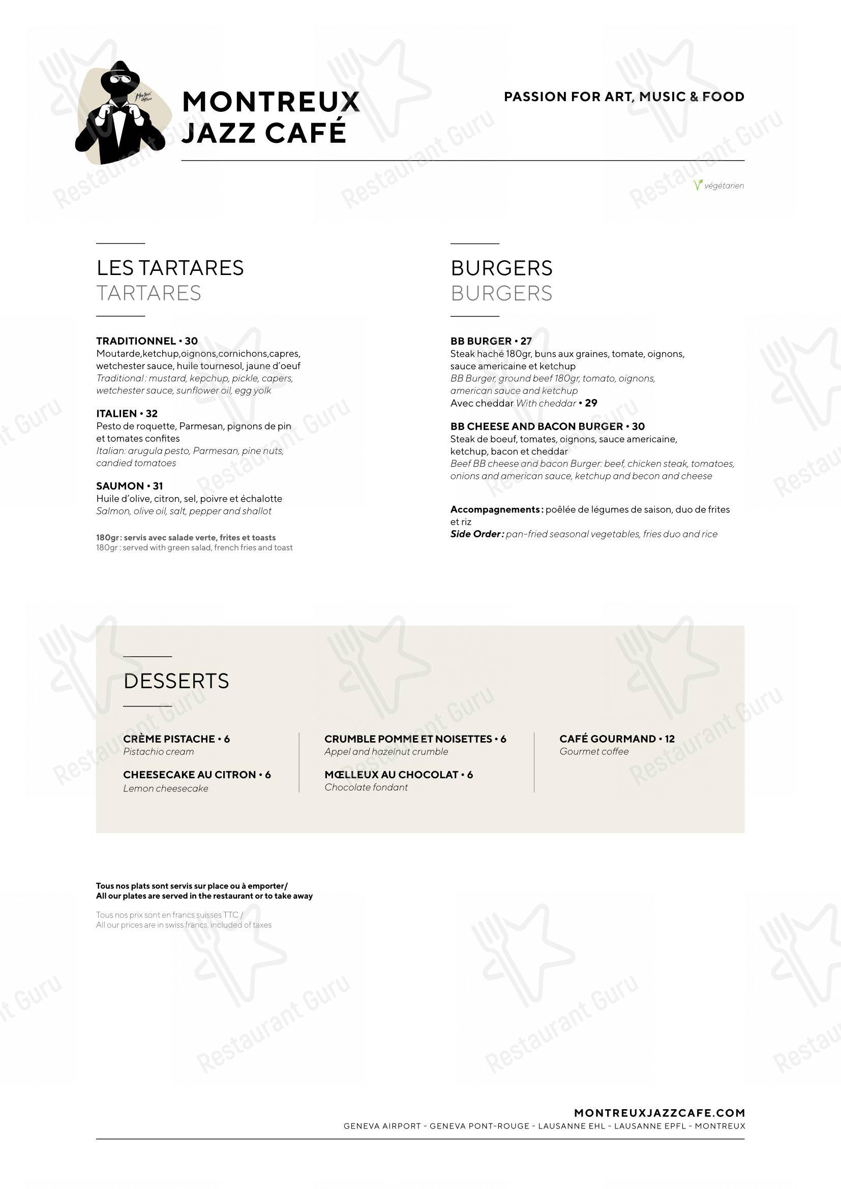 Menu per Montreux Jazz Café ristorante