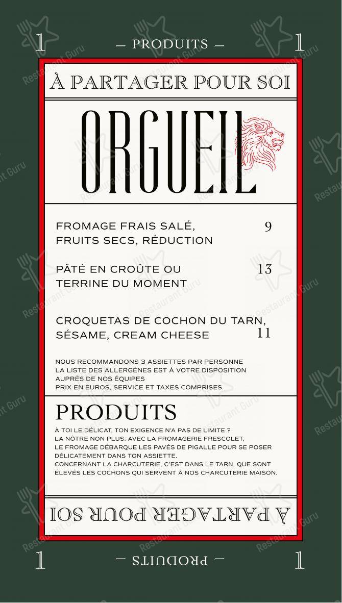 Menu bar pour Orgueil restaurant