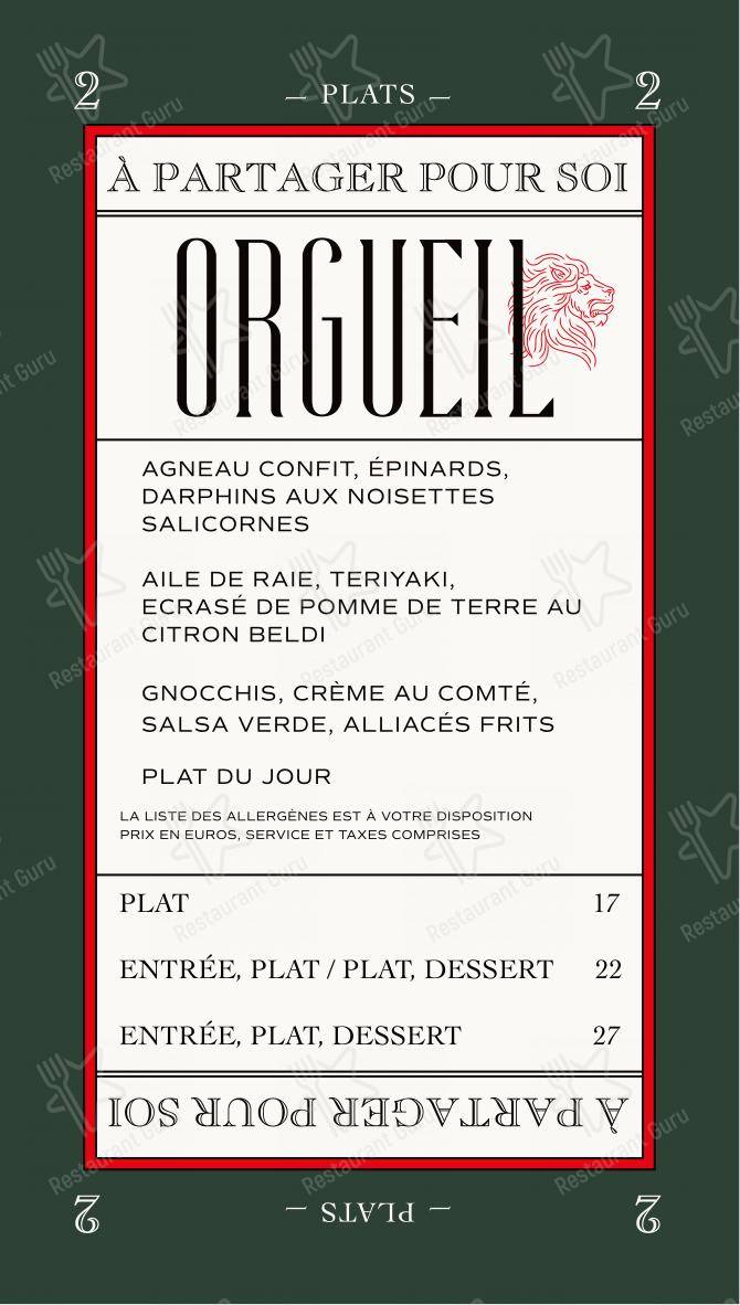 Menu pour Orgueil dans Paris