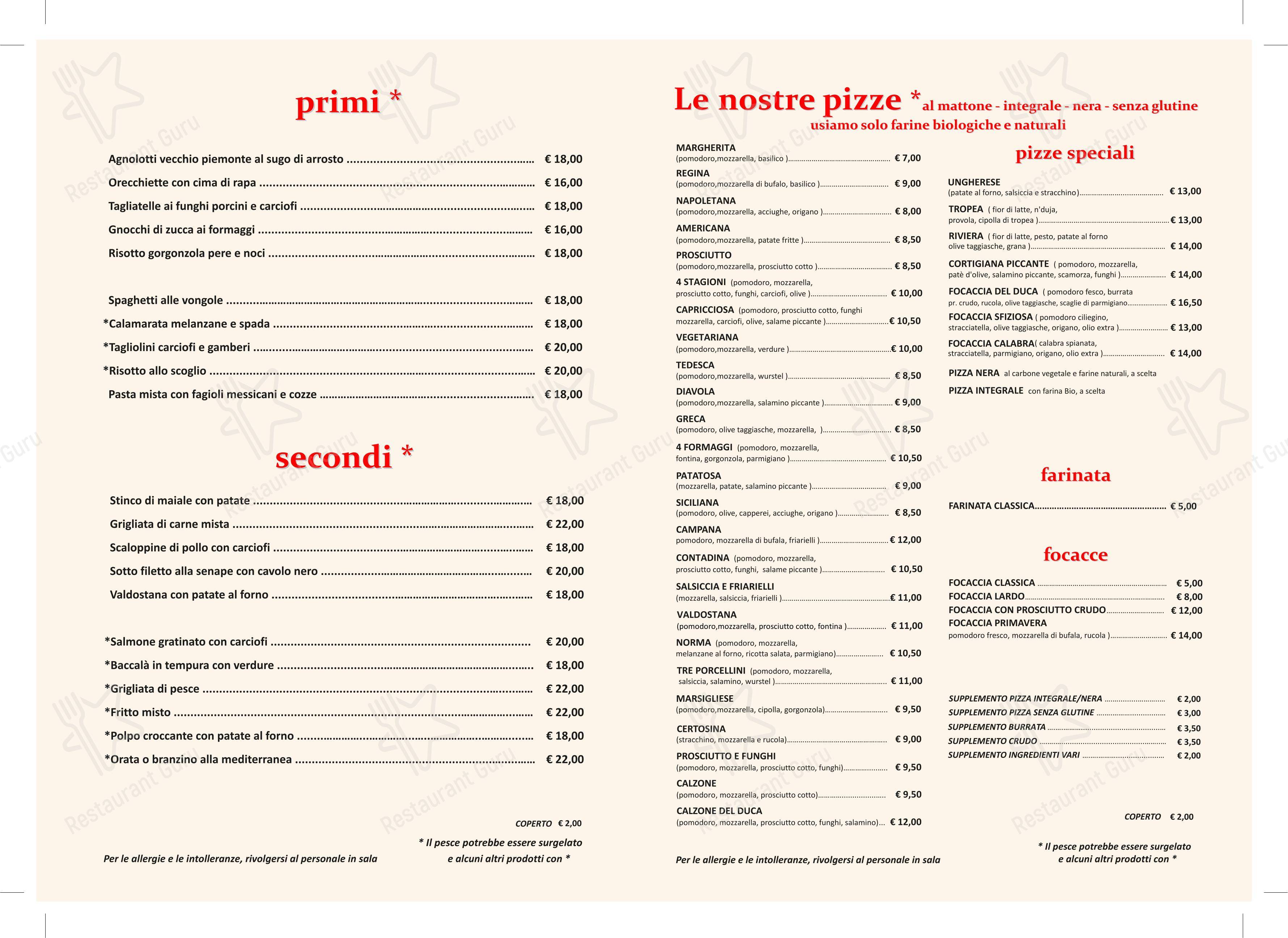 Menu per Pizzeria Trattoria Duca 102 in Torino