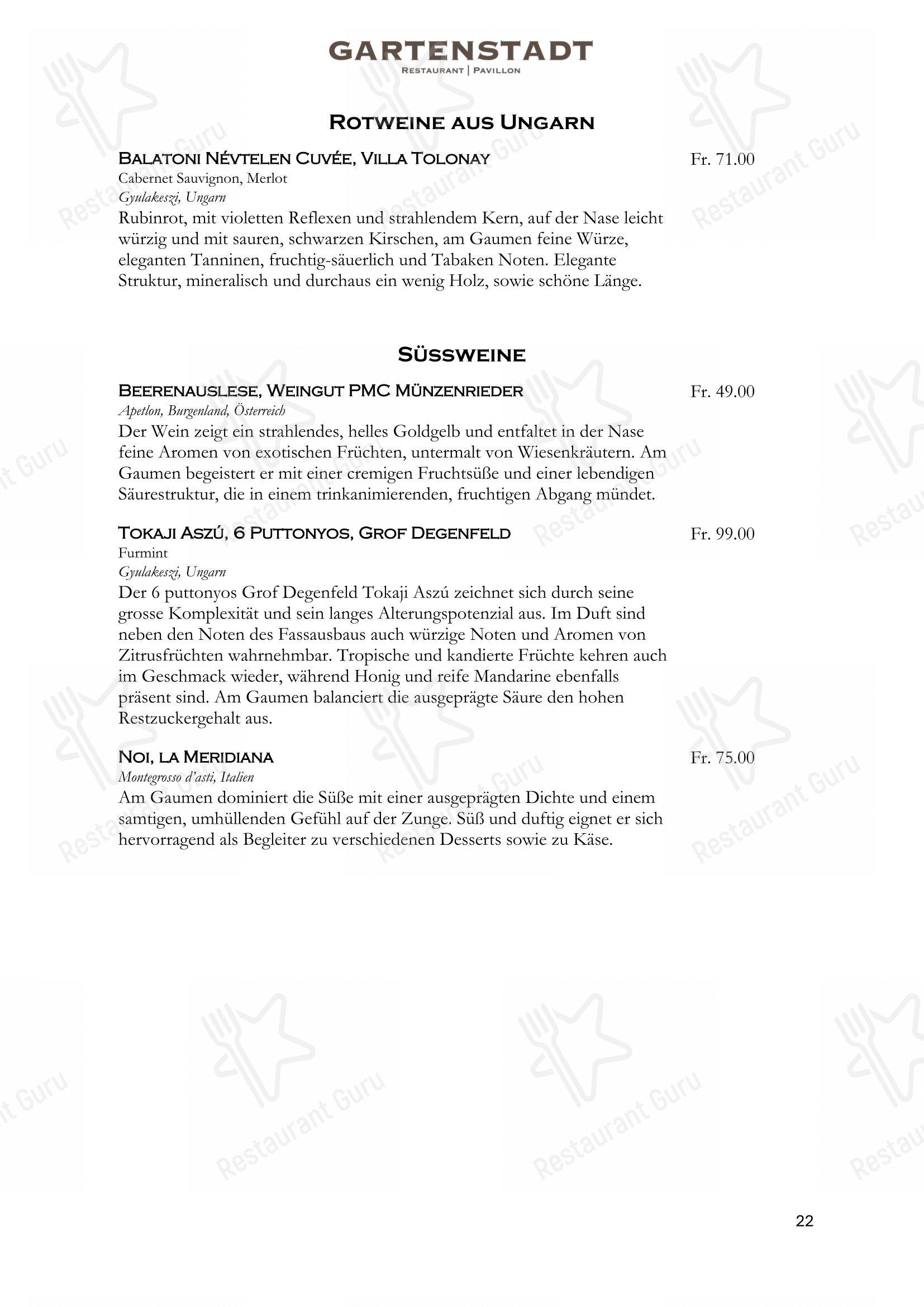 Restaurant Gartenstadt mit Pavillon in Münchenstein - Menu bar