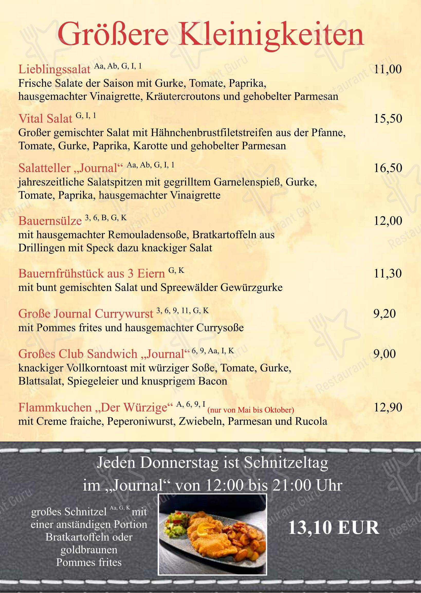 Menu bar pour Restaurant Journal dans Potsdam
