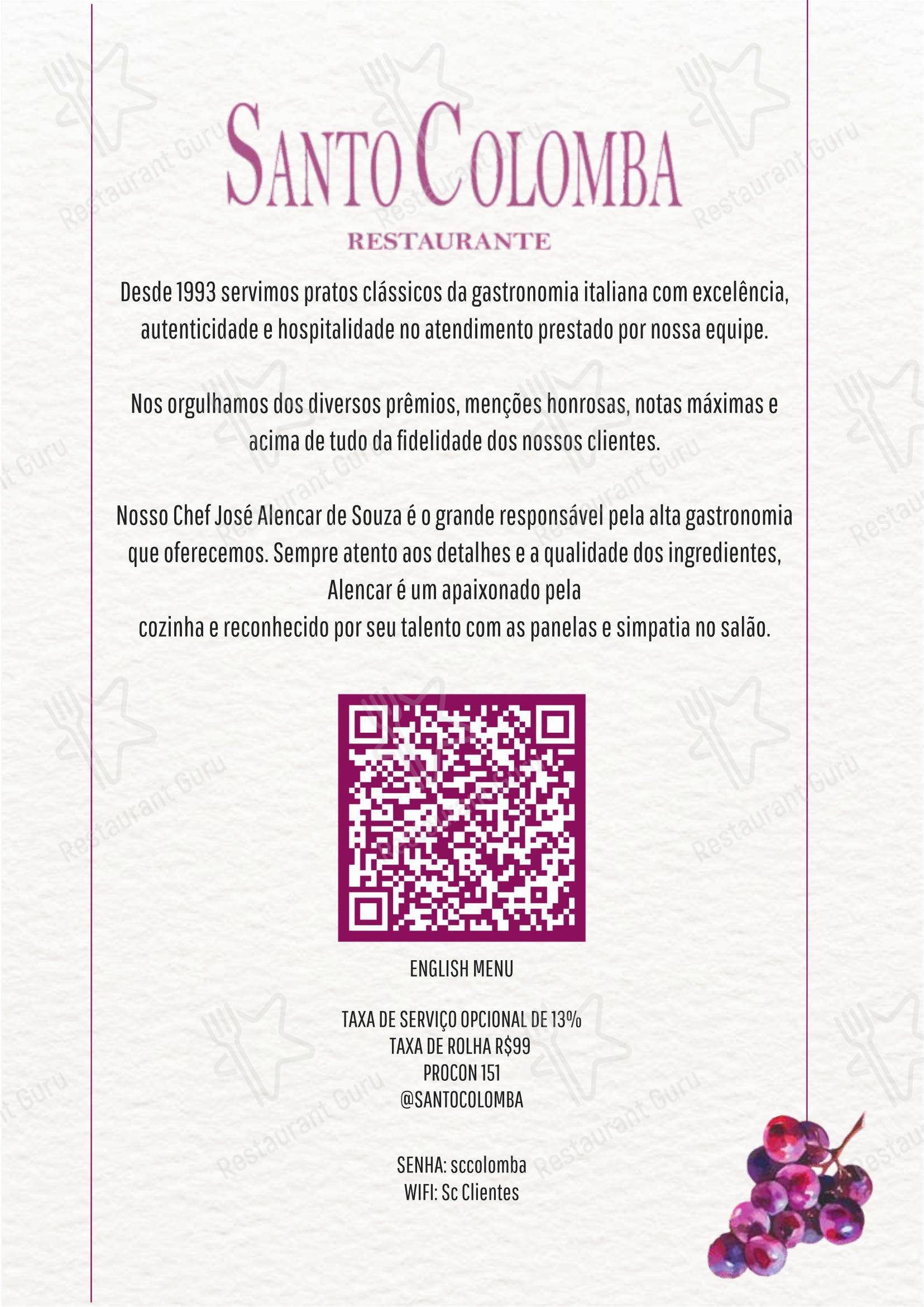 Santo Colomba em São Paulo - Menu