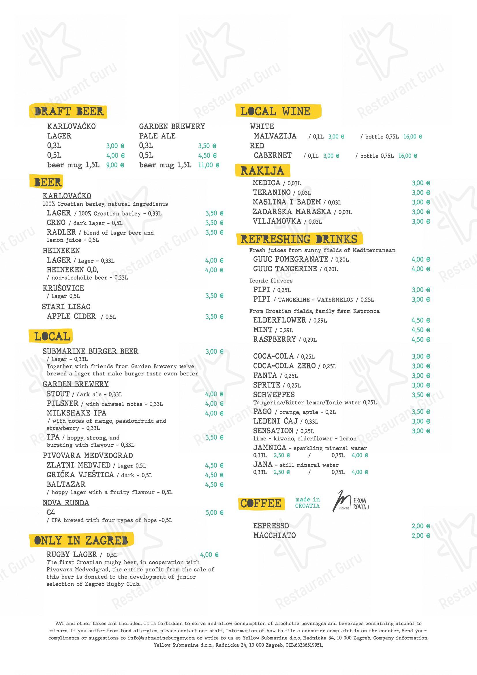 Основное меню per Submarine Burger Frankopanska in Zagabria