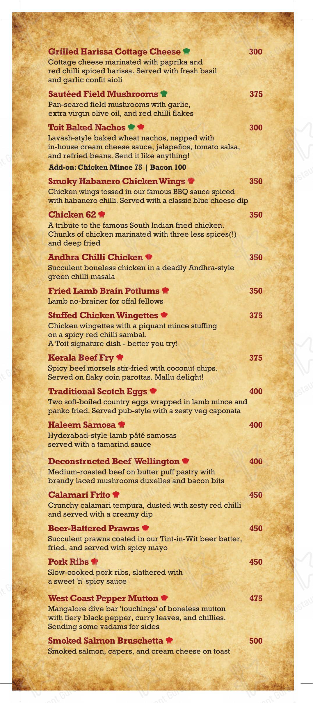 Toit in Bengaluru - Menu bar