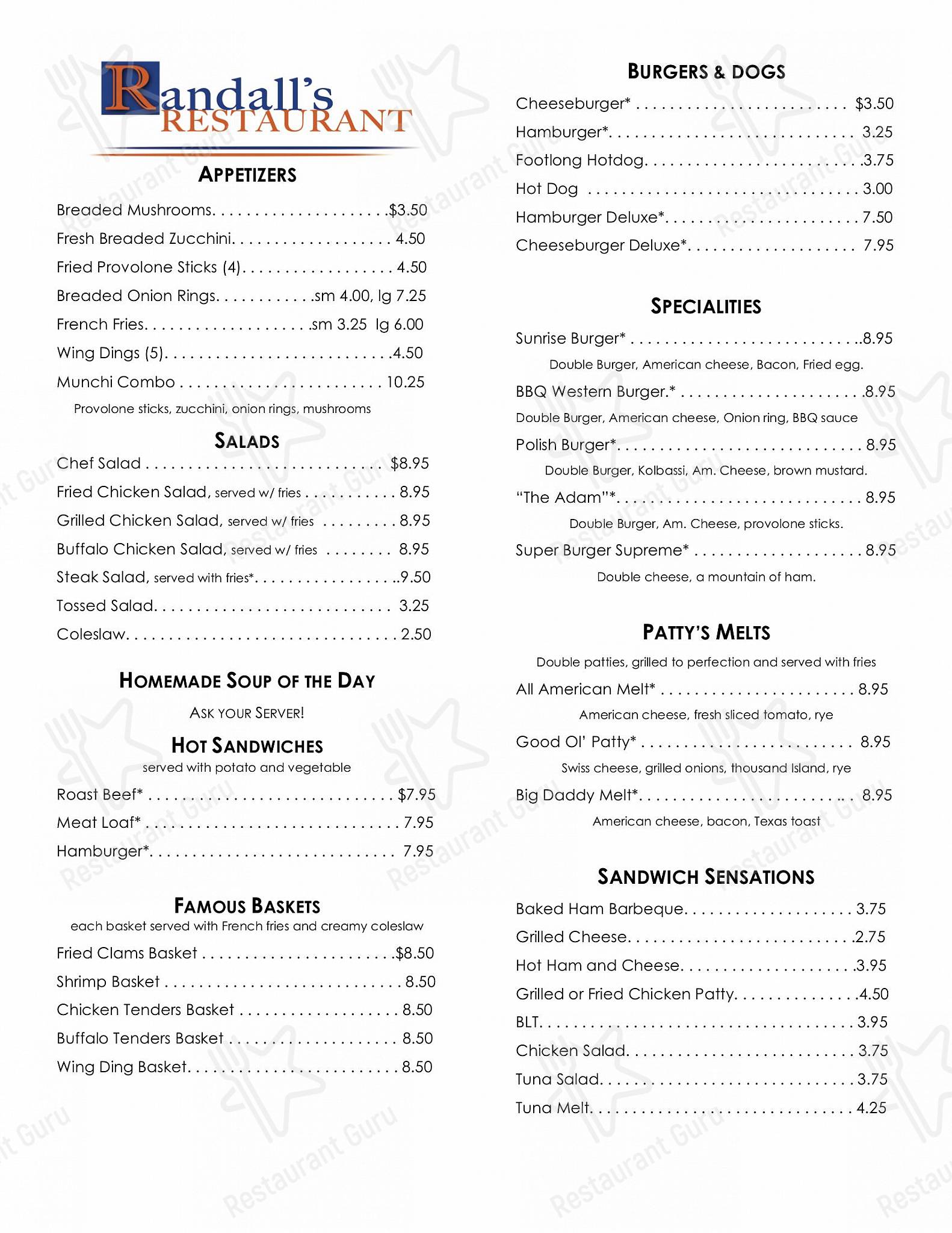 Menu at Randall's Restaurant, Perryopolis, Pittsburgh St