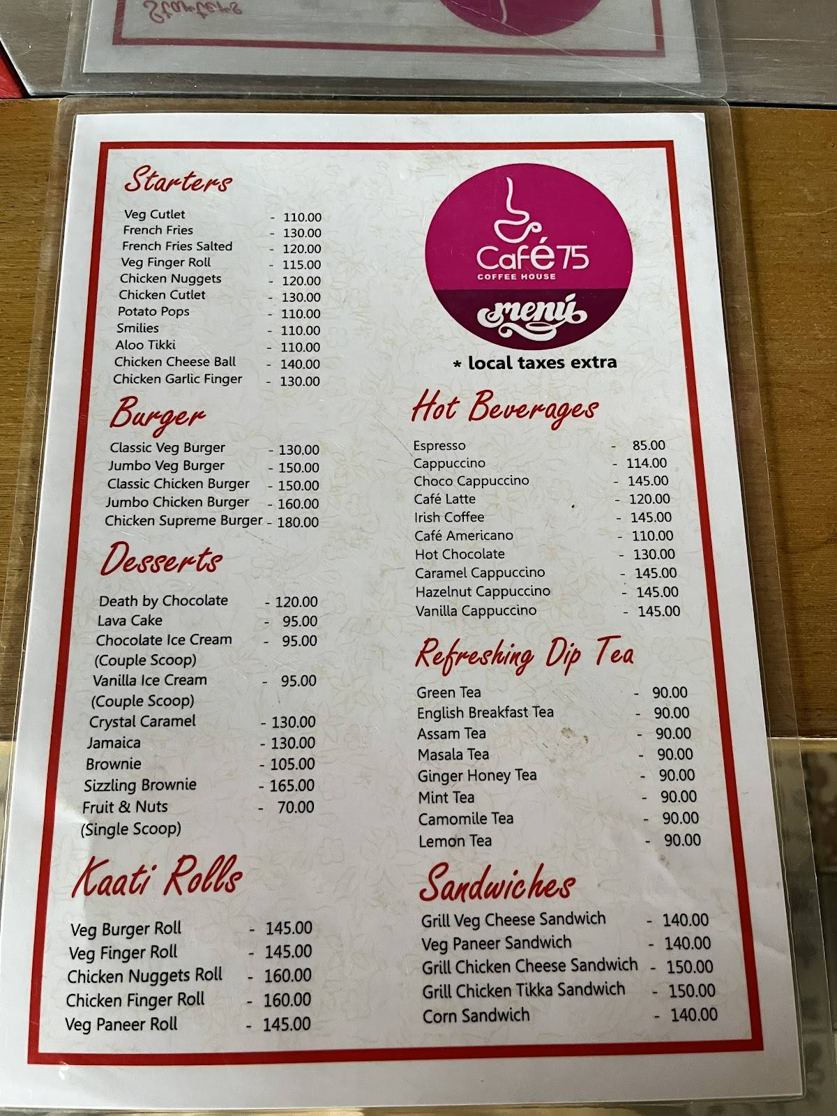 Cafe 75 menu