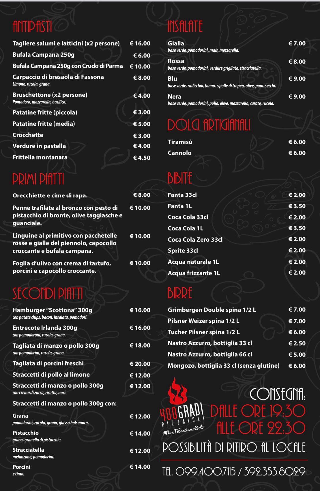 Menu di 400 Gradi Pizzeria 