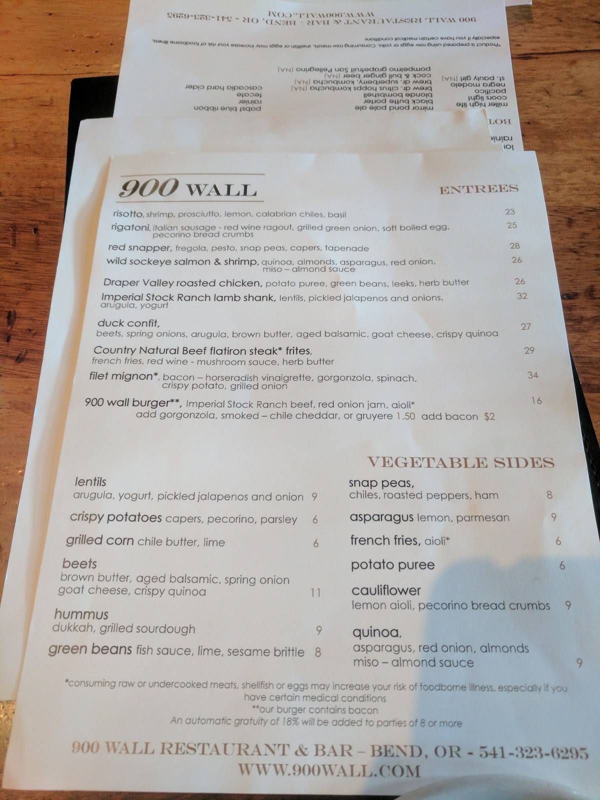 Menu at 900 Wall pub & bar, Bend
