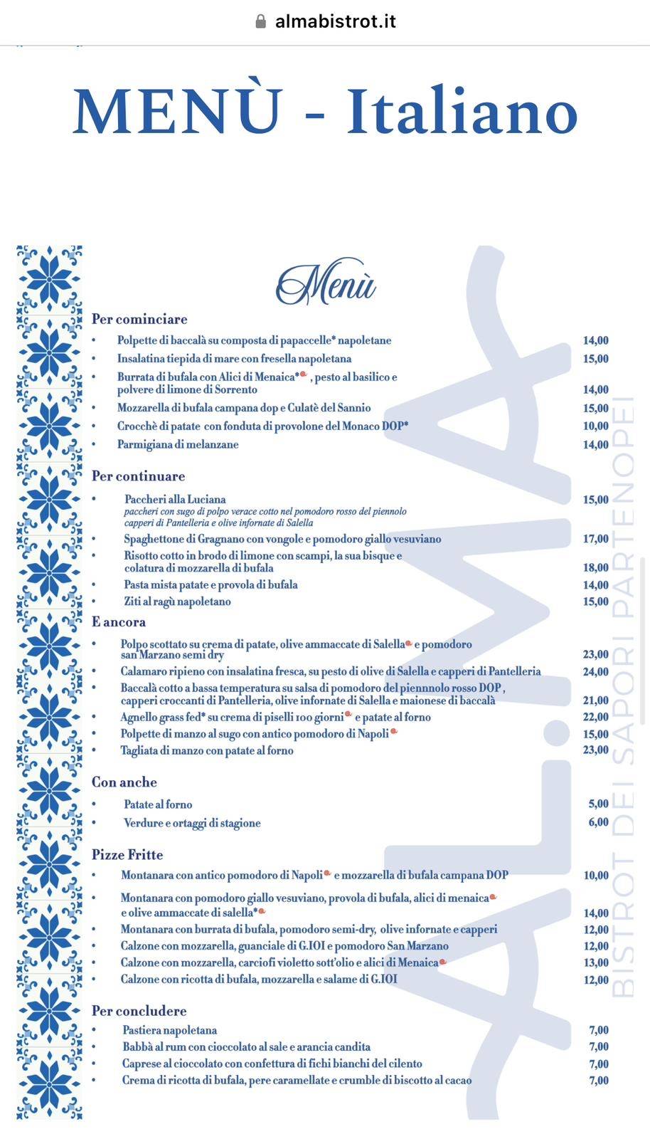 Menu di AL.MA - Bistrot dei Sapori Partenopei 