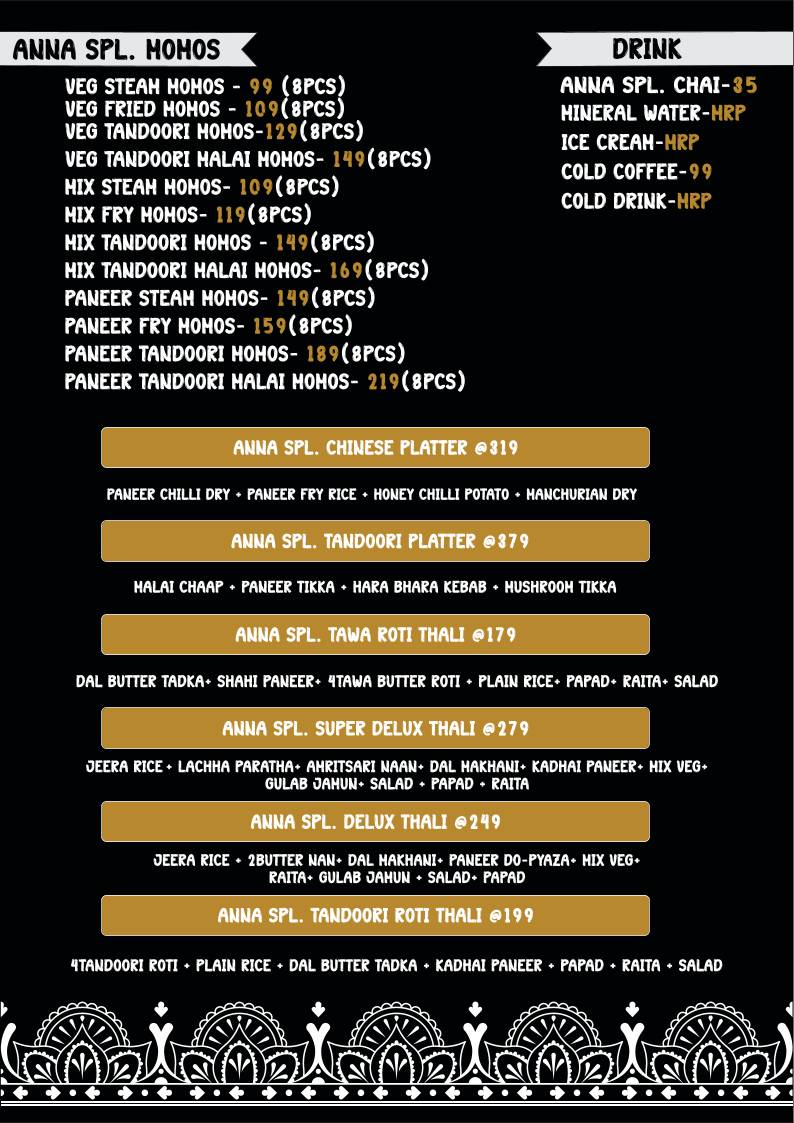 ANNA SOUTH INDIAN CHINESE FOOD CHAAT menu